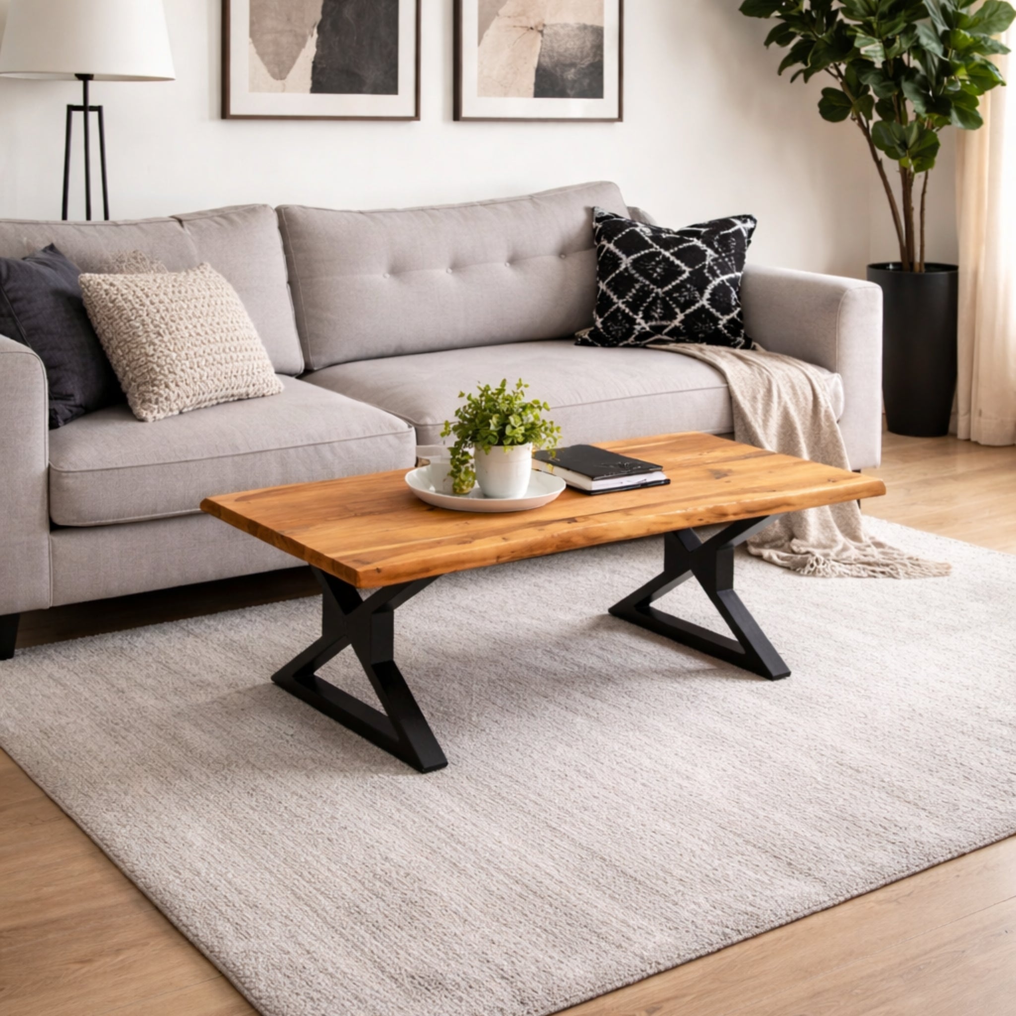 Coffee Table | Live Edge | Acacia Wood | X Metal Legs
