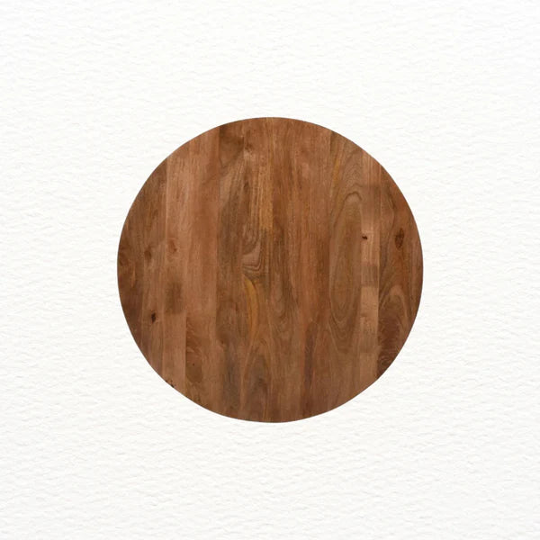 Top view of a wooden round table on a white background