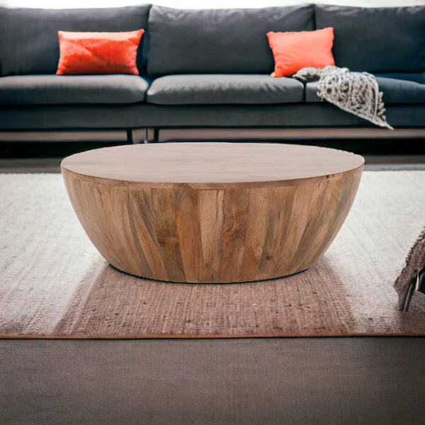 close up detail of handcrafted mango wood coffee table showing natural texture