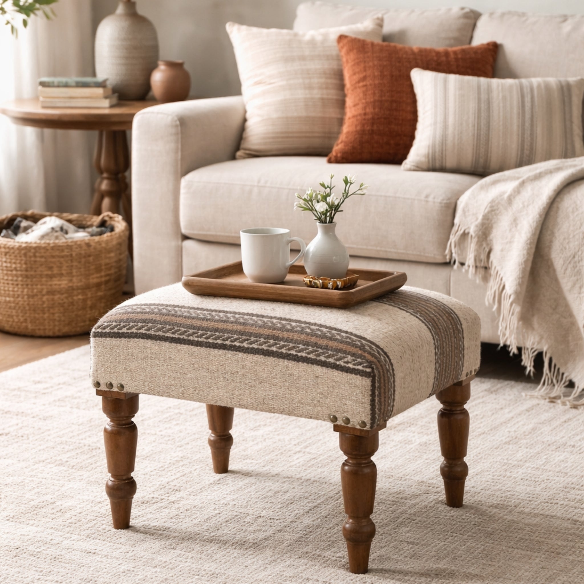 Dune Handcrafted Striped Upholstered Wooden Stool