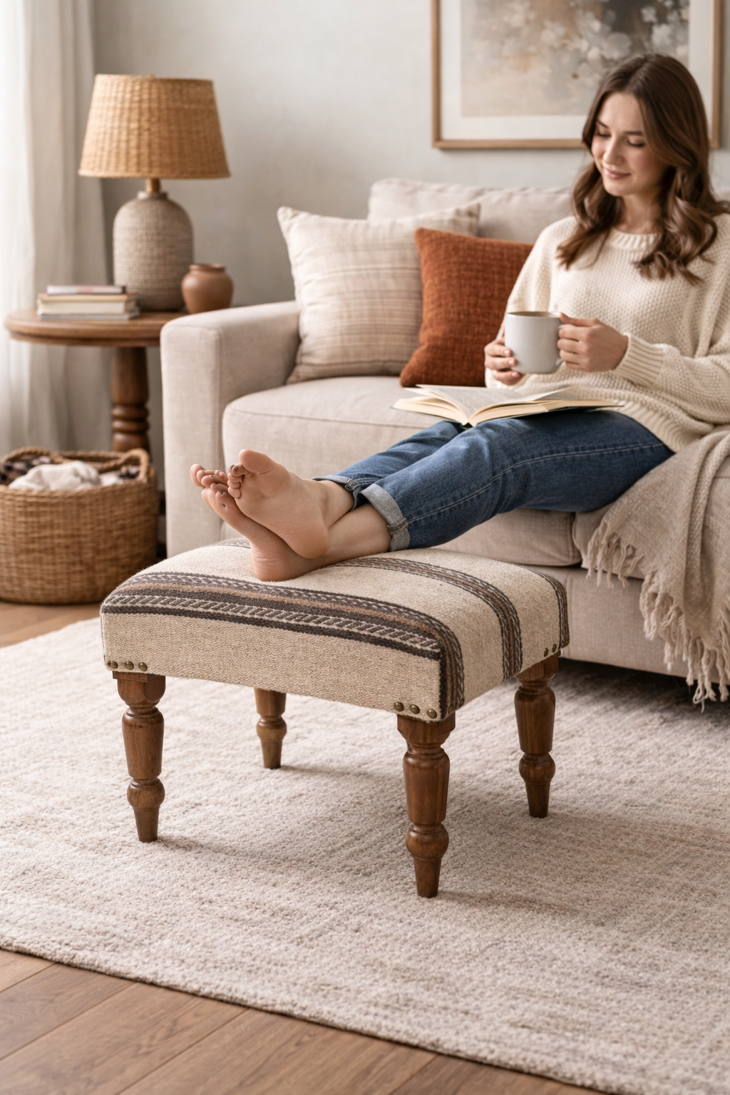 Dune Handcrafted Striped Upholstered Wooden Stool