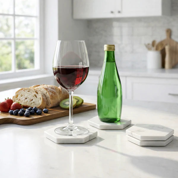 Wine glass with red wine, green bottle, on Hexagon Marble Coasters