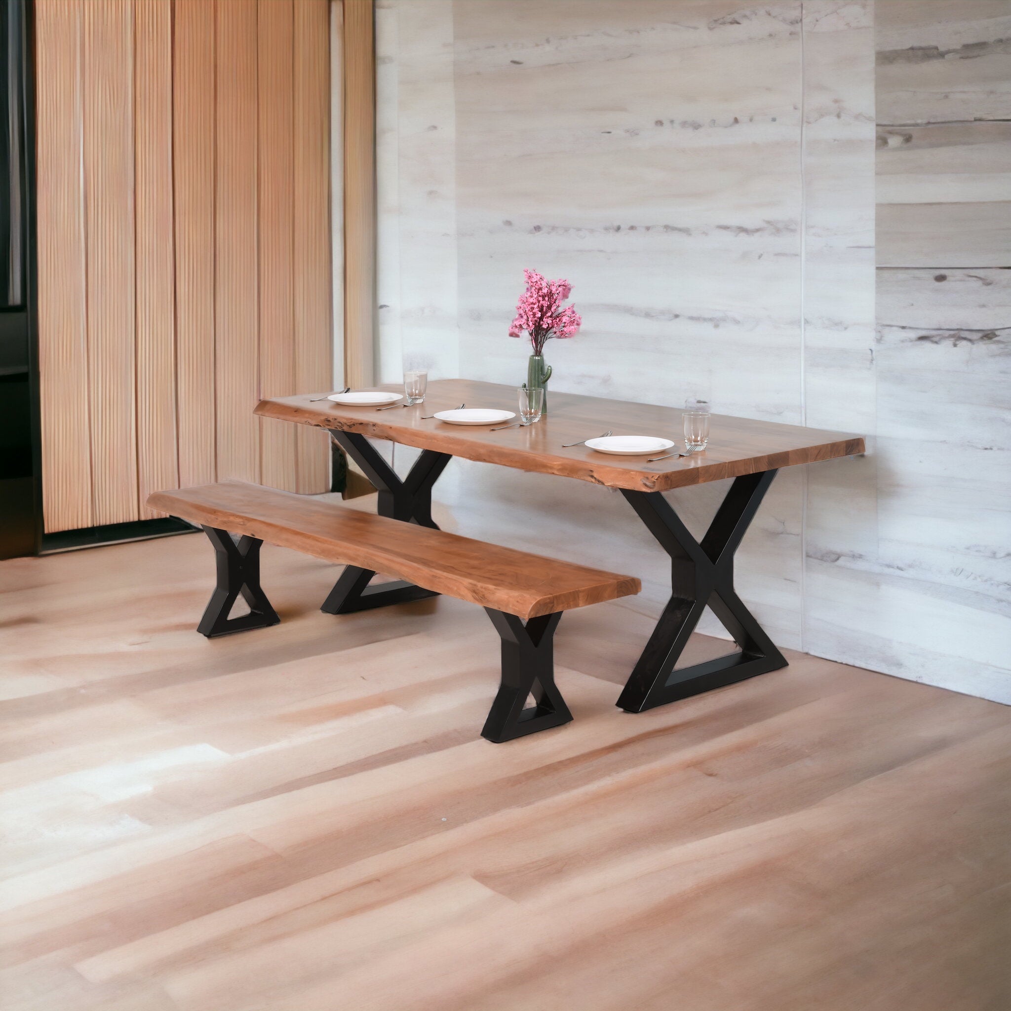 Live Edge Acacia Dining table | 5.5 cm Thickness | X Metal Legs | Light Brown Color