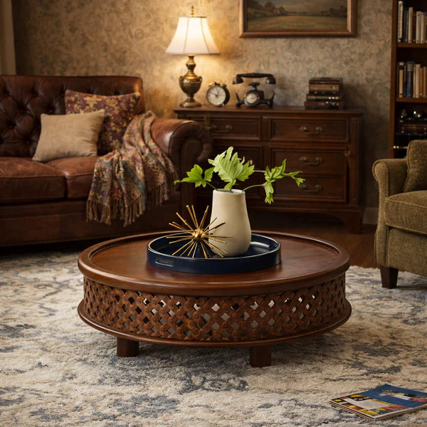 Jaali Coffee Table | Solid Mango Wood | Round Shape