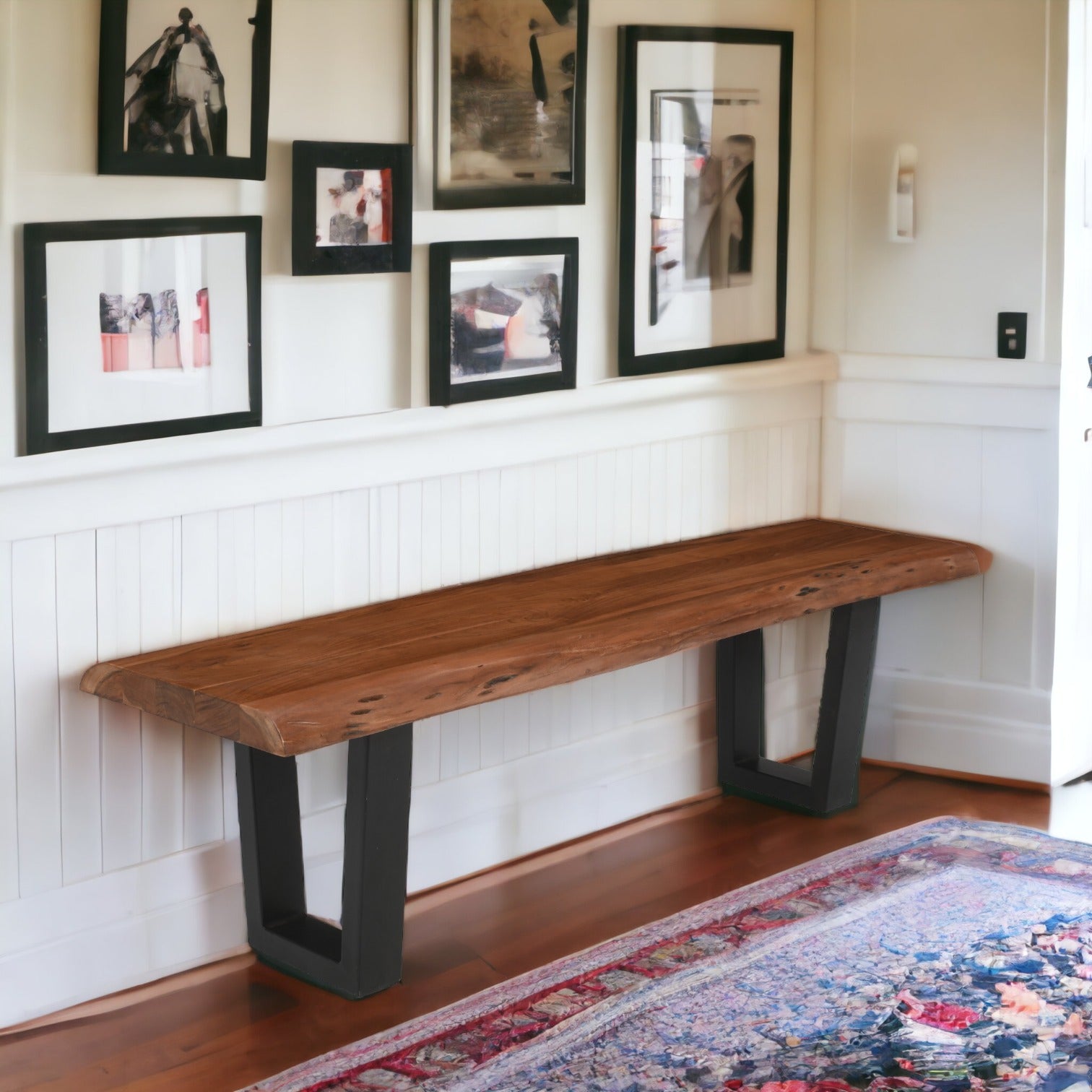 Live Edge Acacia Wood Handcrafted Bench with Metal Legs 