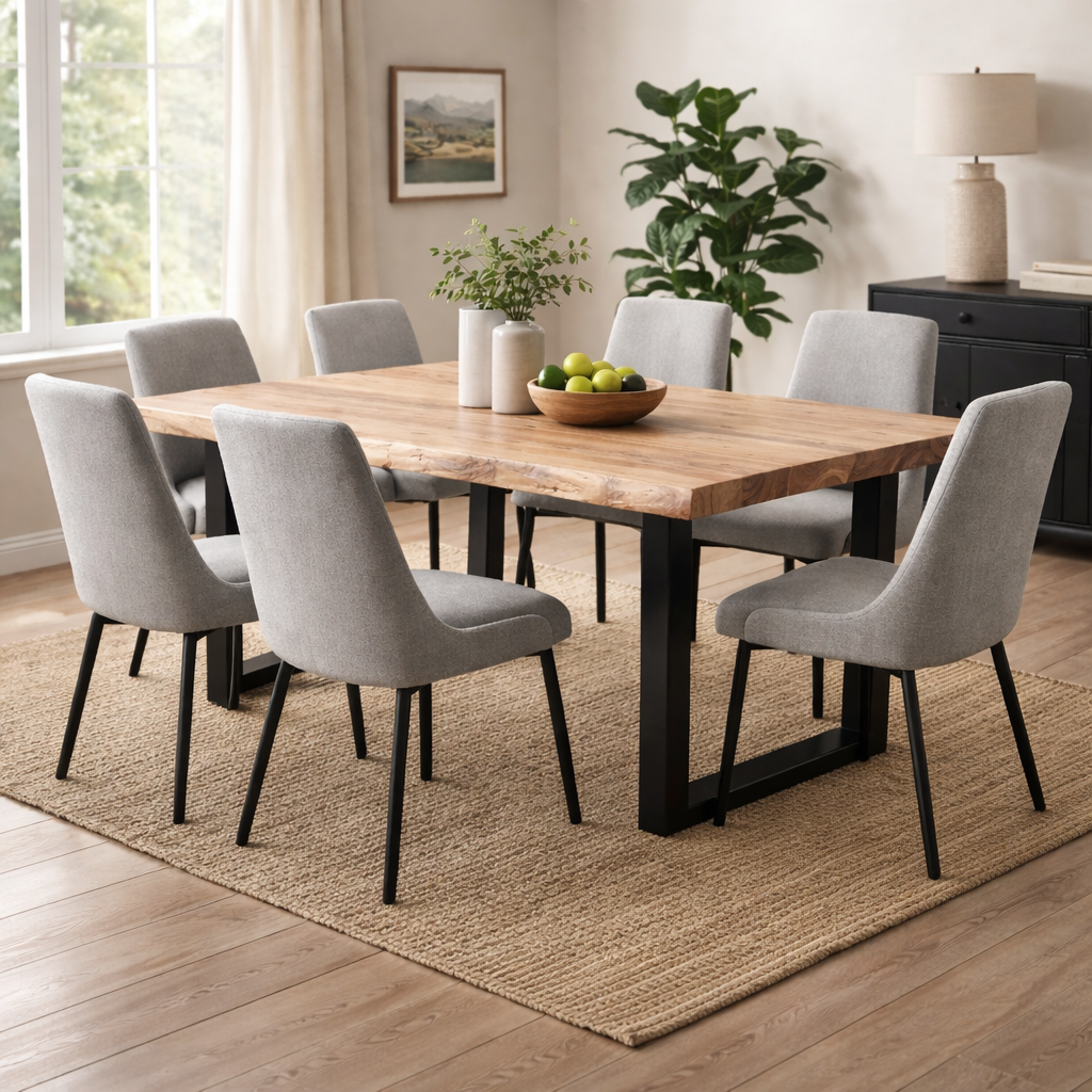 Live Edge Acacia Dining table | U Metal Legs | Light Brown Color