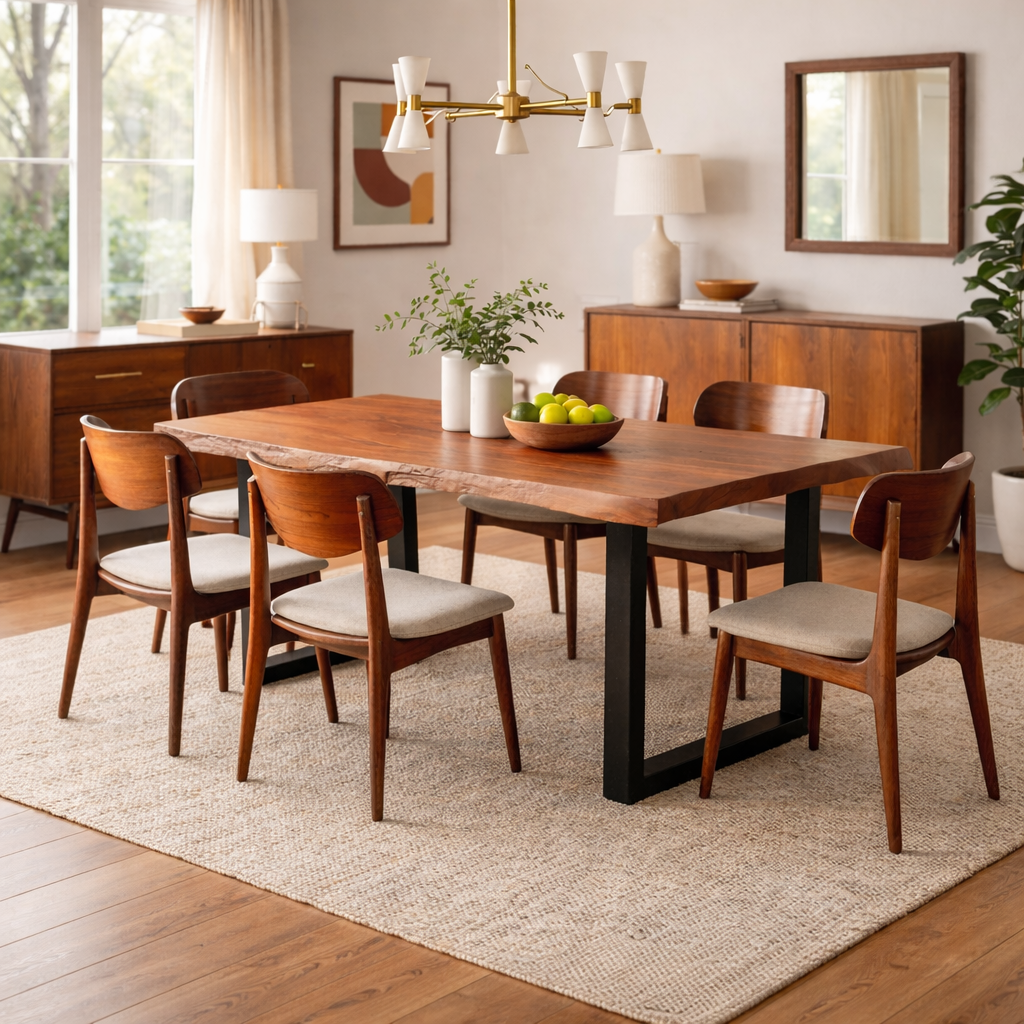 Live Edge Acacia Dining table |  U Metal Legs | Natural Brown Color