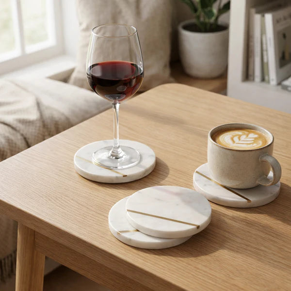 Glass of red wine and a cup of coffee on Lumen Marble Coasters 