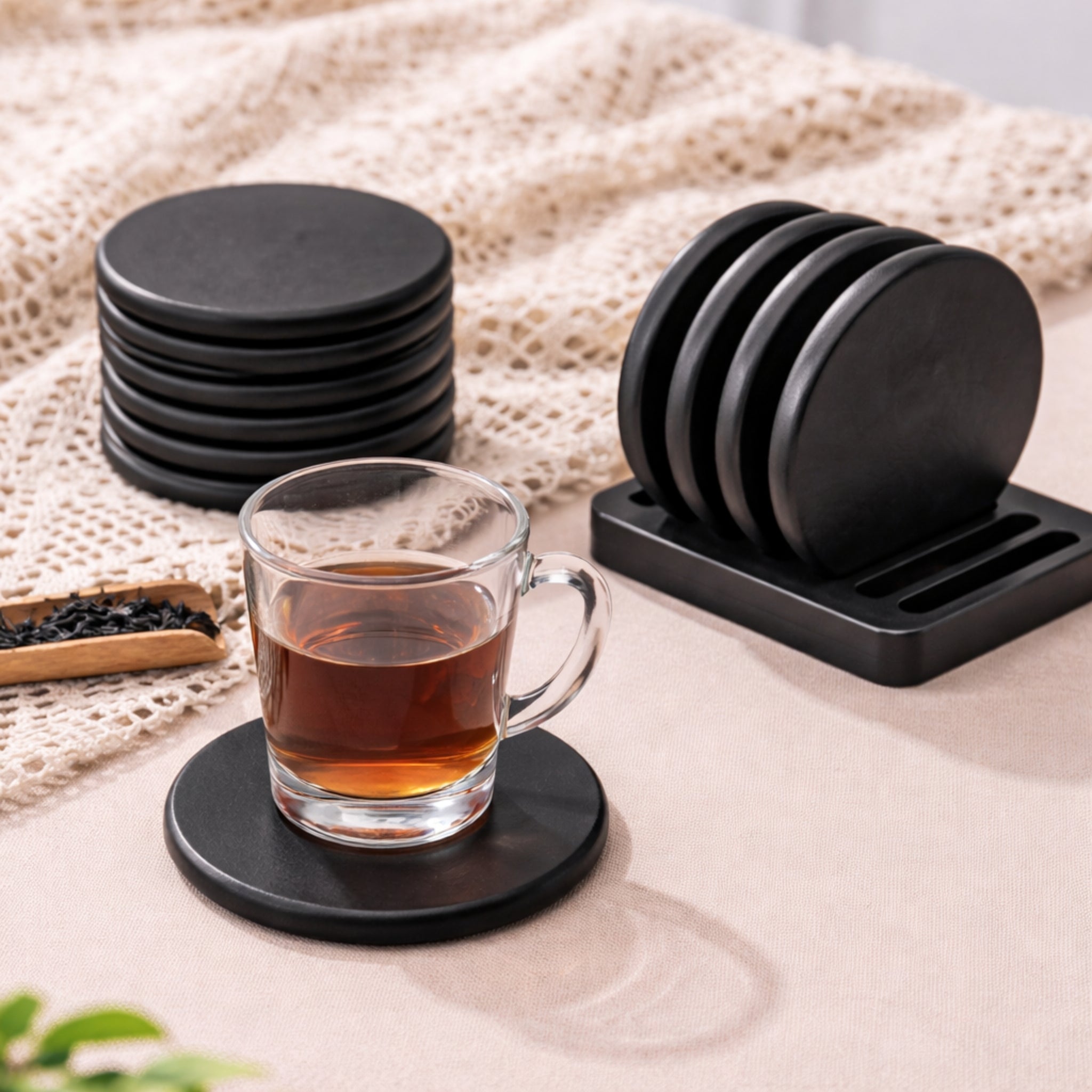 Obsidian Round Wooden Coasters (Set of 4)