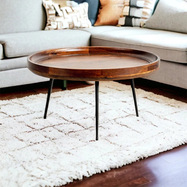 Stalwart Round Coffee Table | Solid Wood | Metal Legs