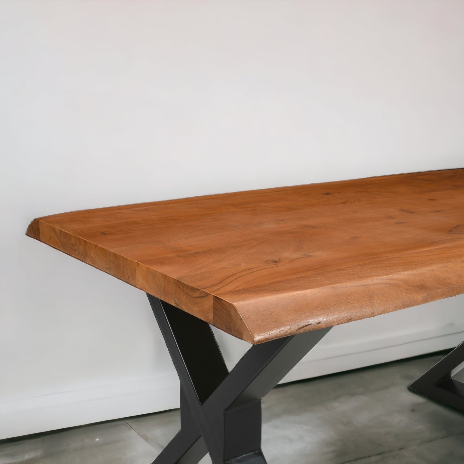 Live Edge Acacia Dining table | 5.5 cm Thickness | X Metal Legs | Natural Brown Color