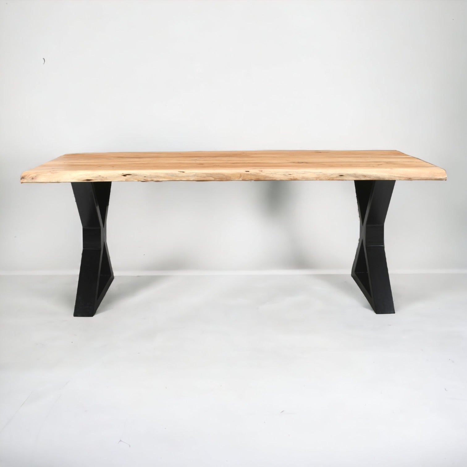 Live Edge Acacia Dining table | 5.5 cm Thickness | X Metal Legs | Light Brown Color