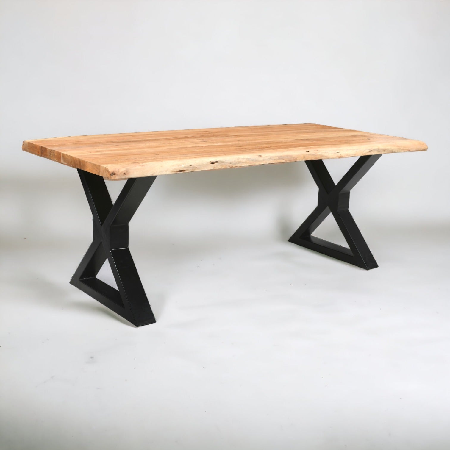 Live Edge Acacia Dining table | 5.5 cm Thickness | X Metal Legs | Light Brown Color