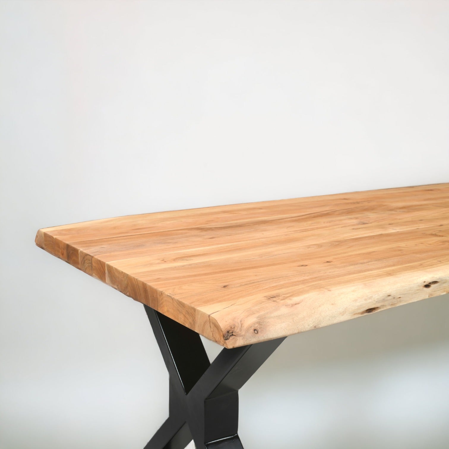 Live Edge Acacia Dining table | 5.5 cm Thickness | X Metal Legs | Light Brown Color