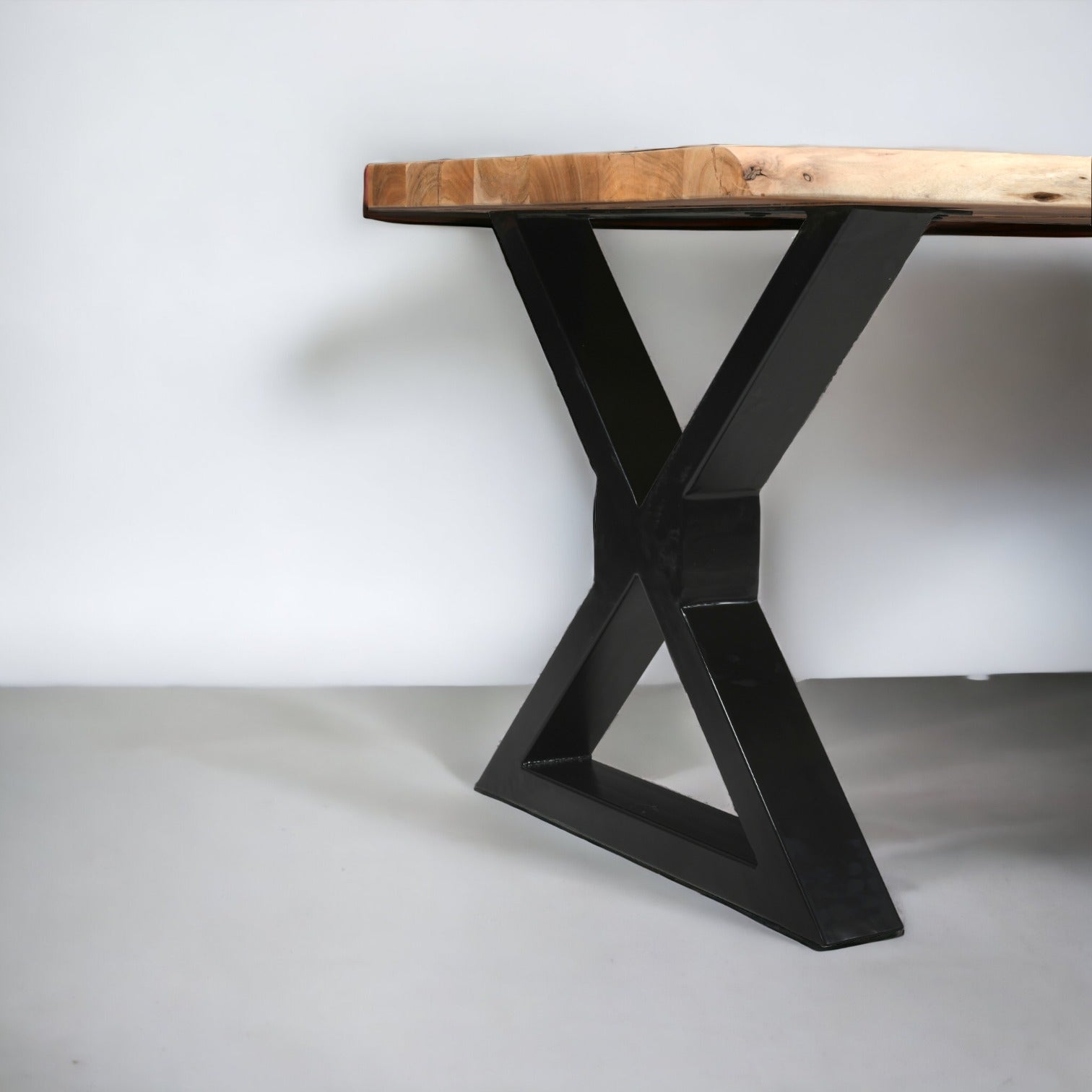 Live Edge Acacia Dining table | 5.5 cm Thickness | X Metal Legs | Light Brown Color