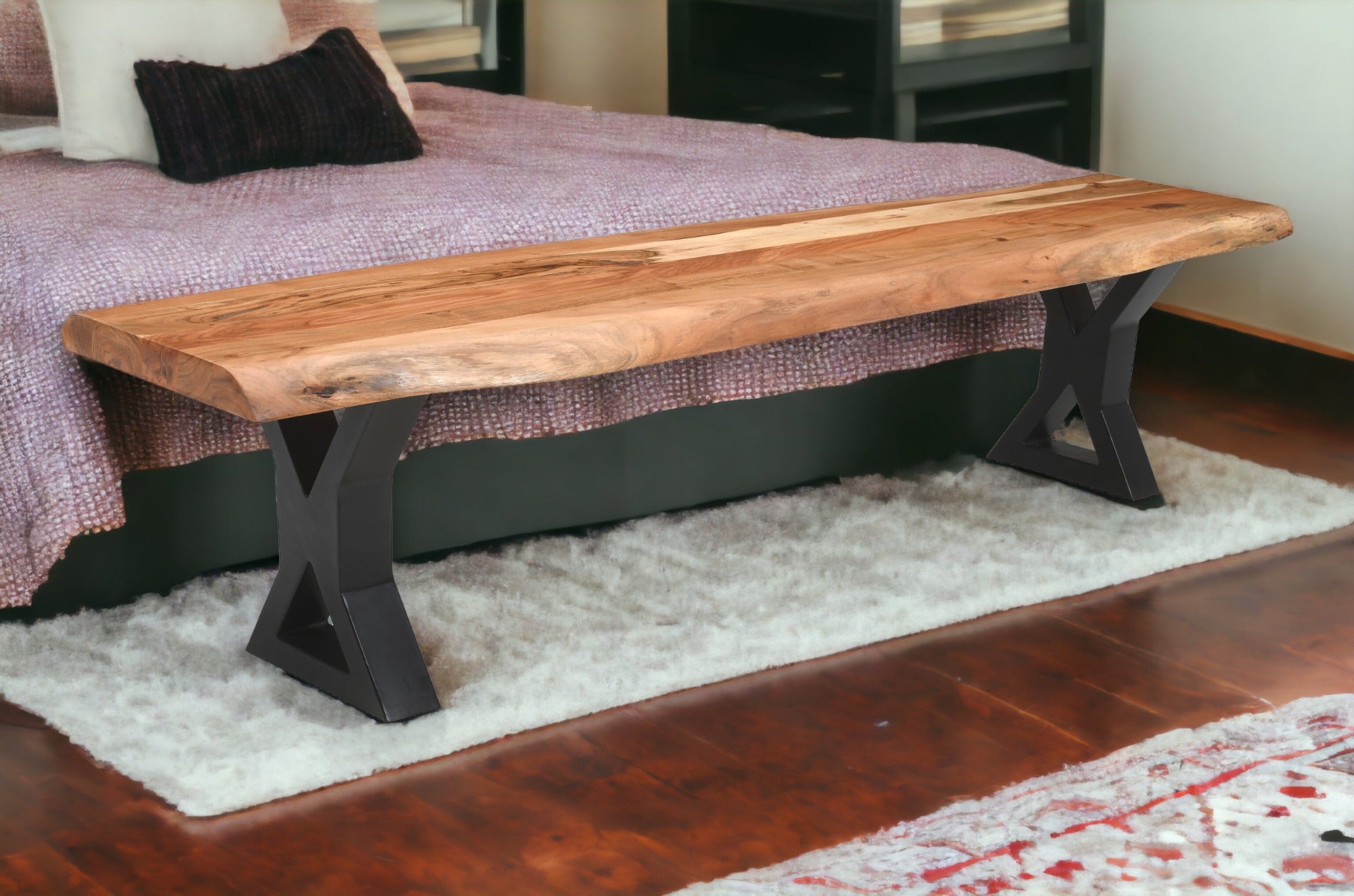 Live Edge Acacia Wood Handcrafted Bench with Metal Legs 