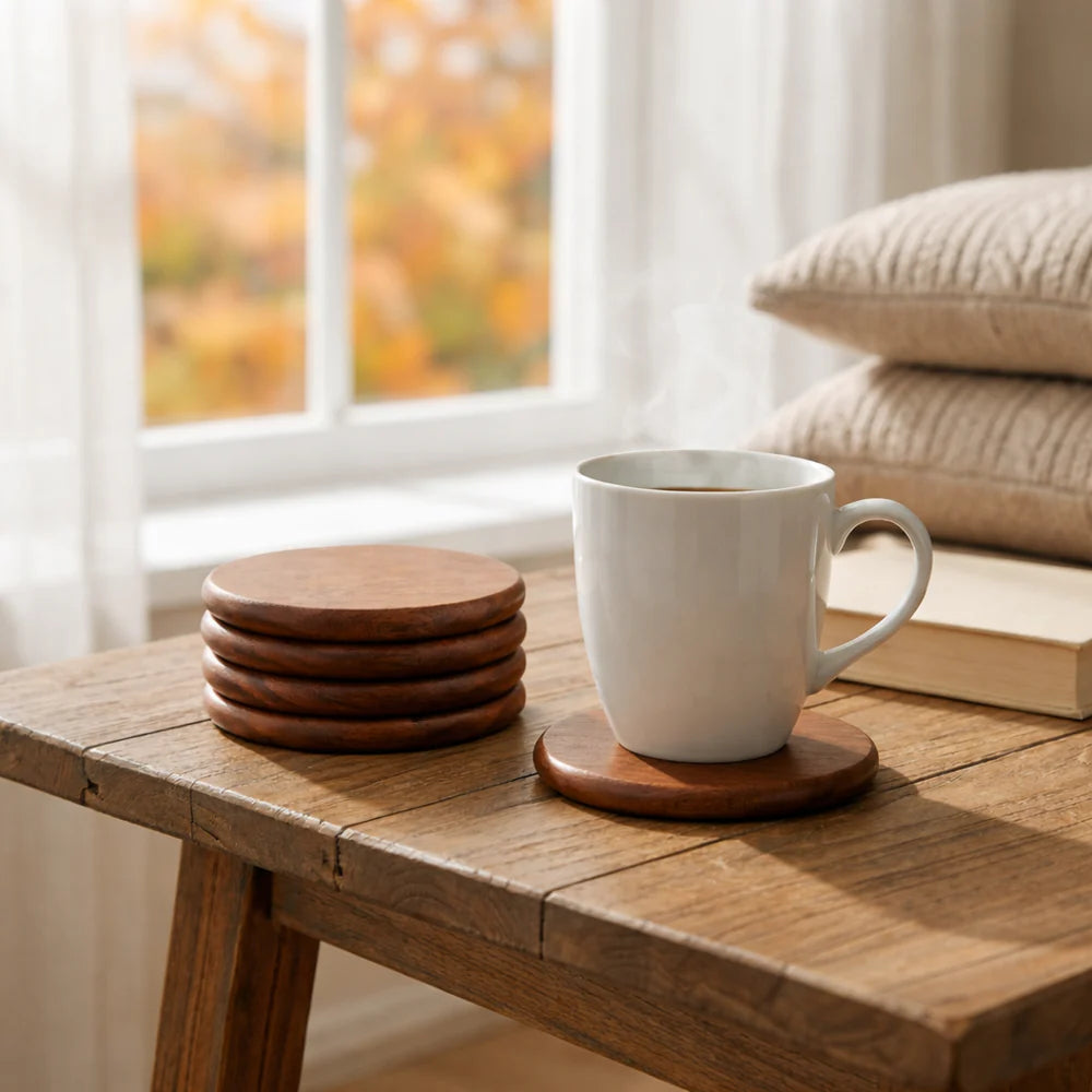 White mug on a Terra Round Wooden Coastersr with wooden coasters 