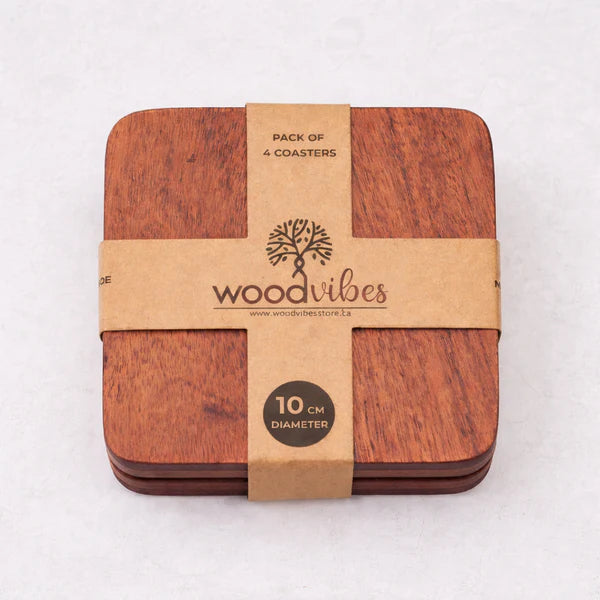 Pack of Terra Square Wooden Coasters with a cardboard band displaying 'woodvibes' 