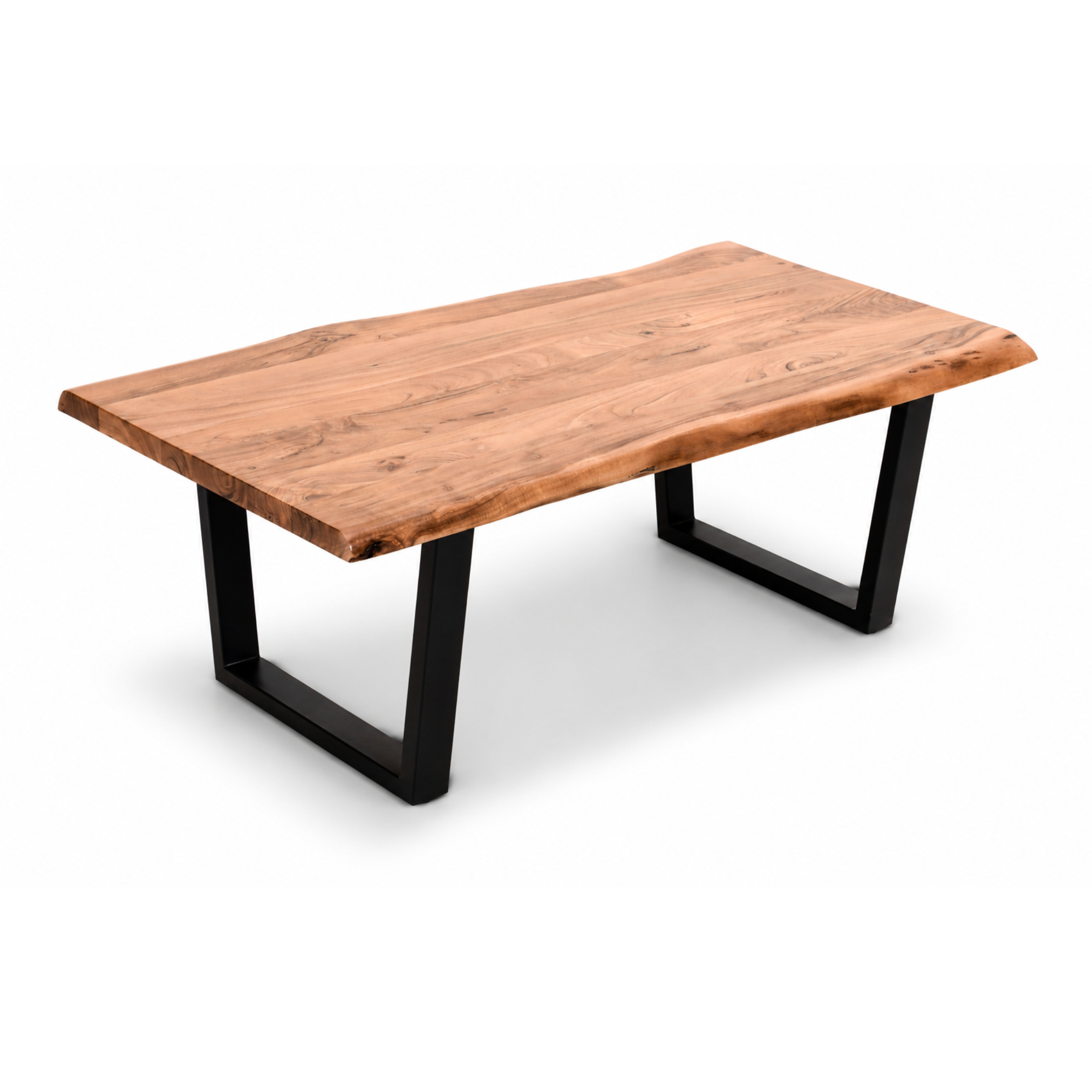 Angled view of acacia live edge coffee table featuring natural wood grain and black U-leg base