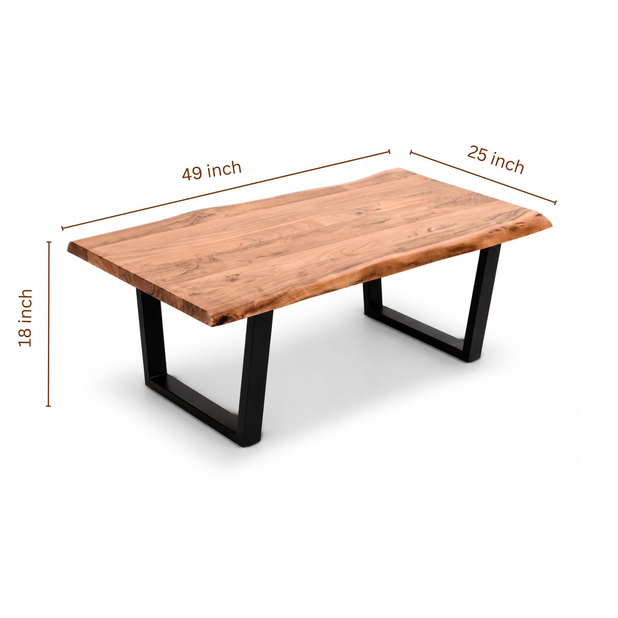Acacia live edge coffee table dimensions showing 49 inch width, 25 inch depth, and 18 inch height.