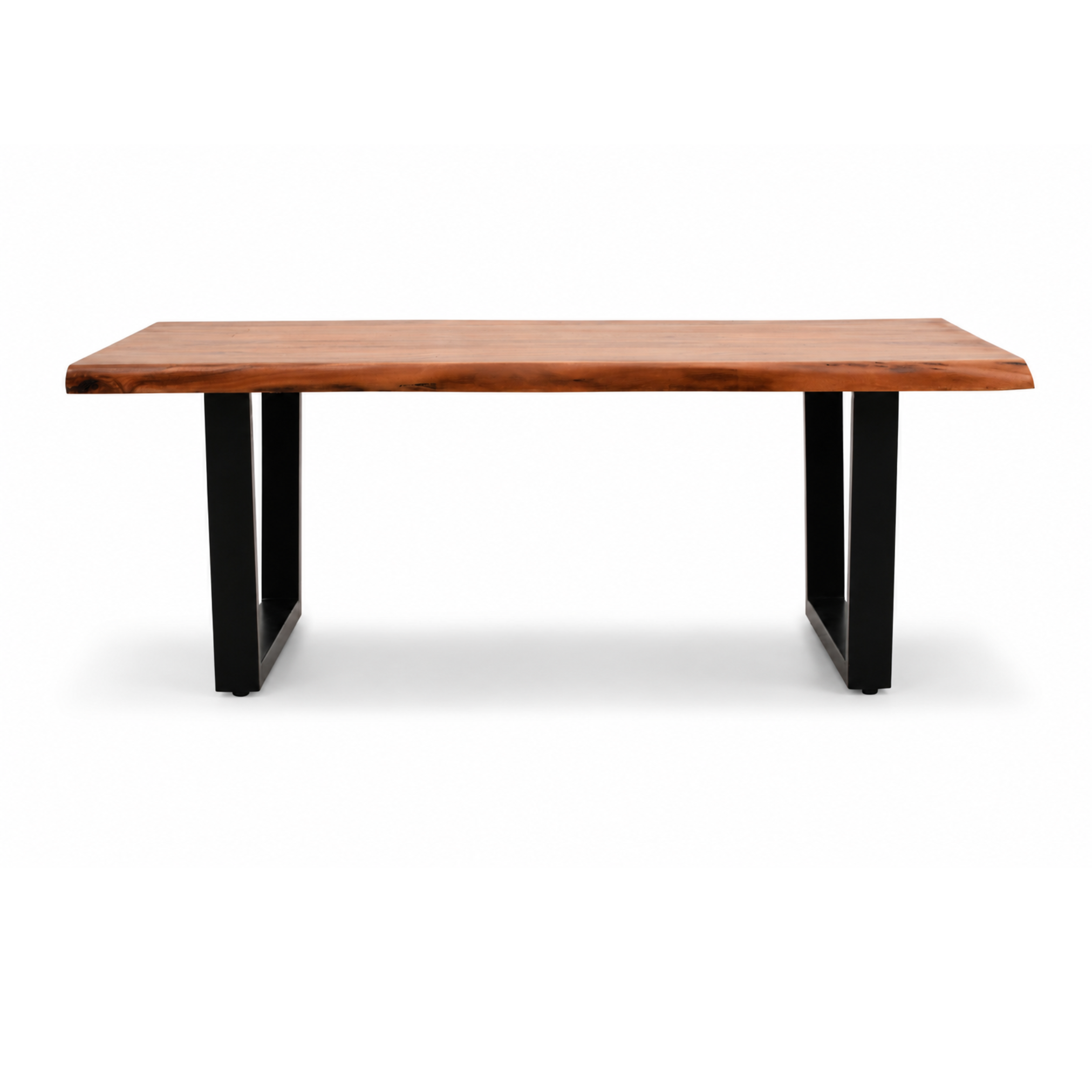 Front view of acacia live edge coffee table with black U-leg metal base