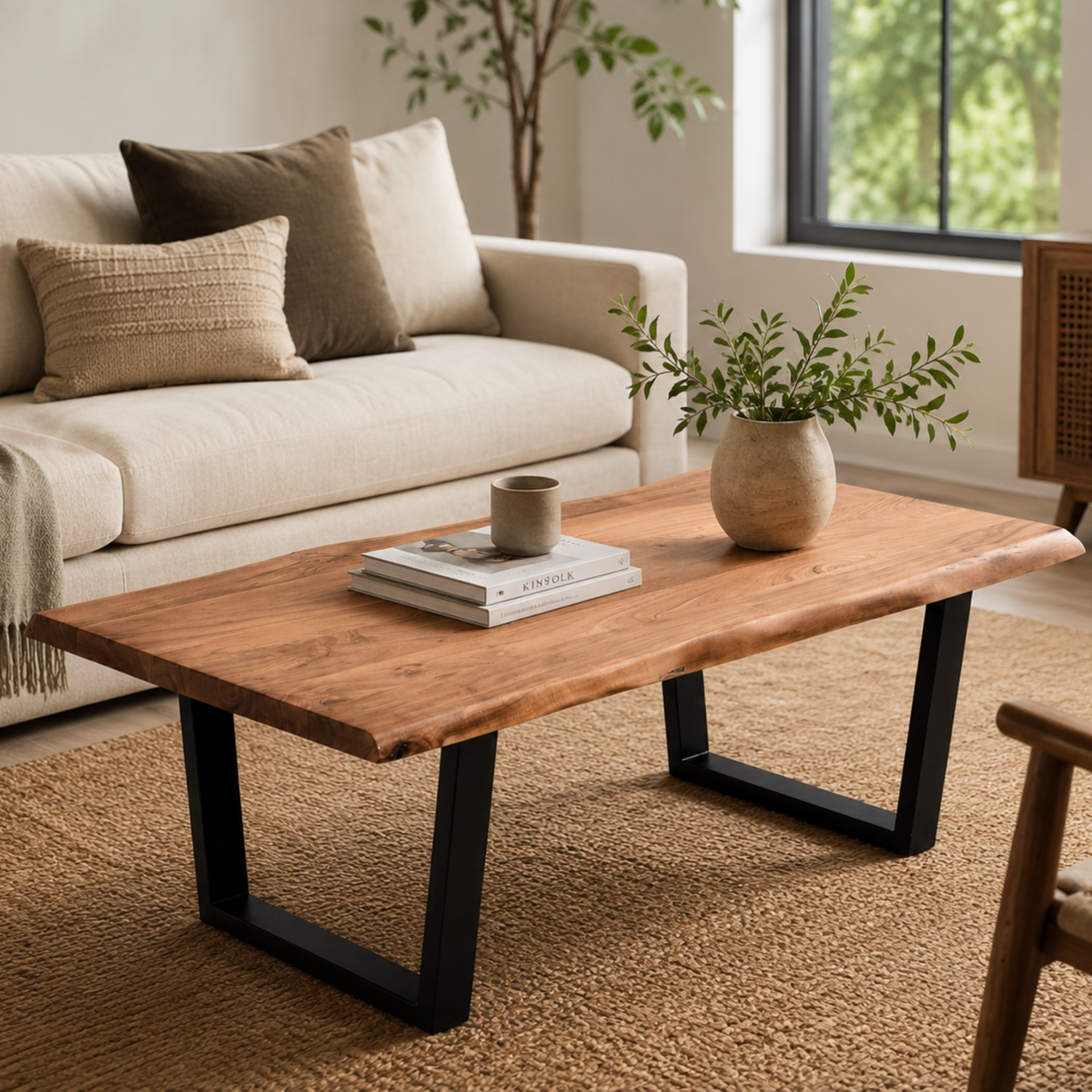 Acacia Live Edge Coffee Table with U-Leg Base | Solid Wood Table