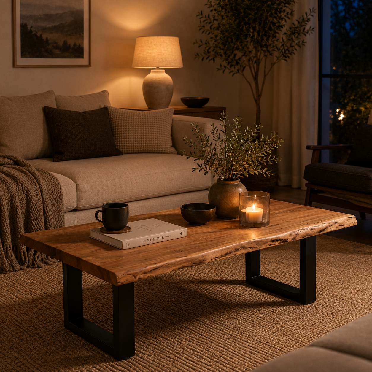 Acacia Live Edge Coffee Table with U-Leg Base in a cozy evening living room with candle decor, natural wood grain top, black metal legs, and warm ambient lighting.