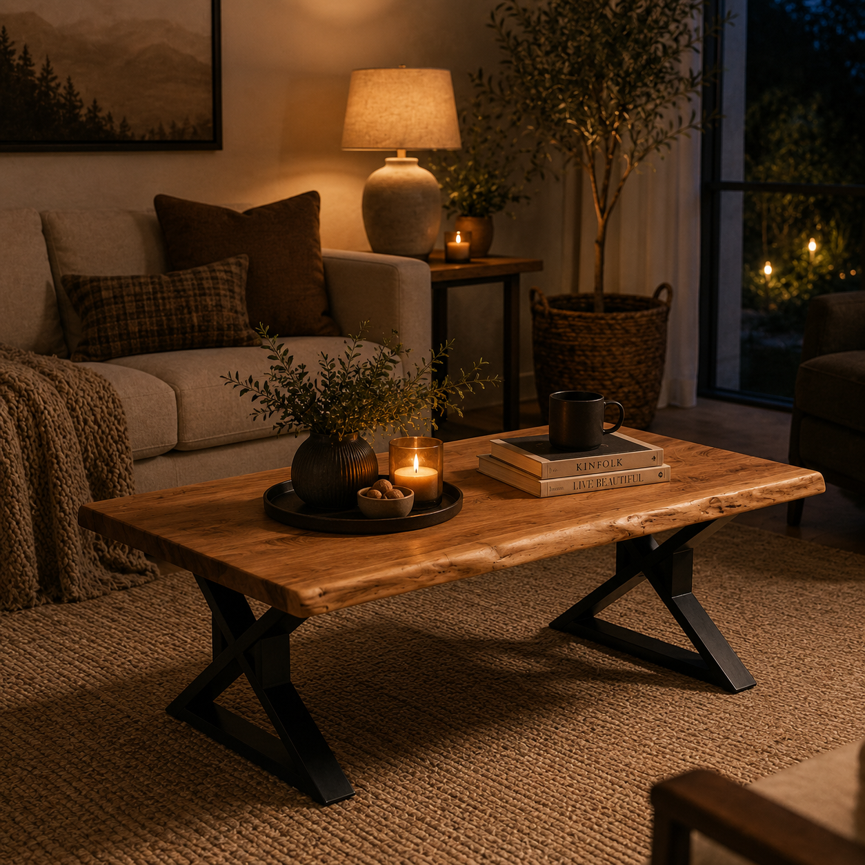 Acacia Live Edge Coffee Table with X-Leg Base in a cozy evening living room featuring candlelight decor, black metal legs, natural wood grain, and warm ambient lighting