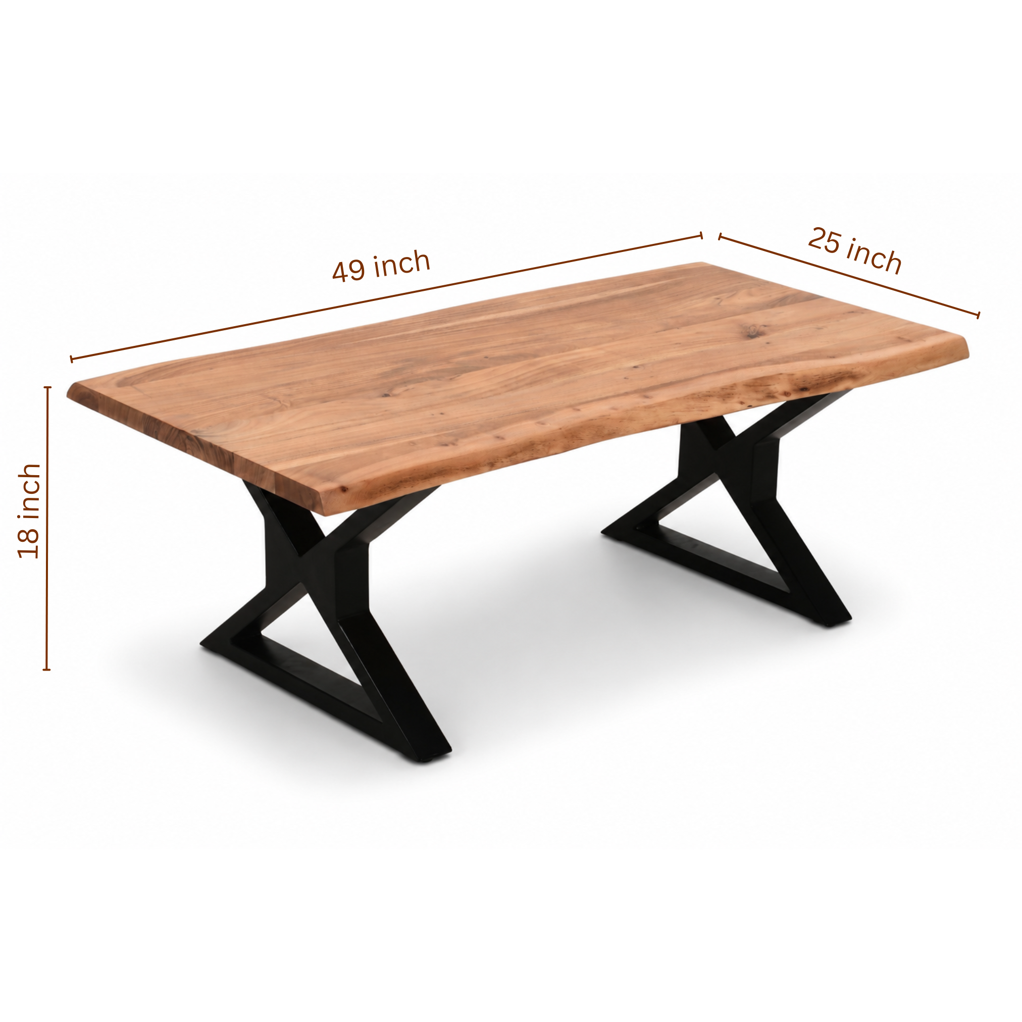 Acacia live edge coffee table with X-leg base showing dimensions and natural wood tabletop details.