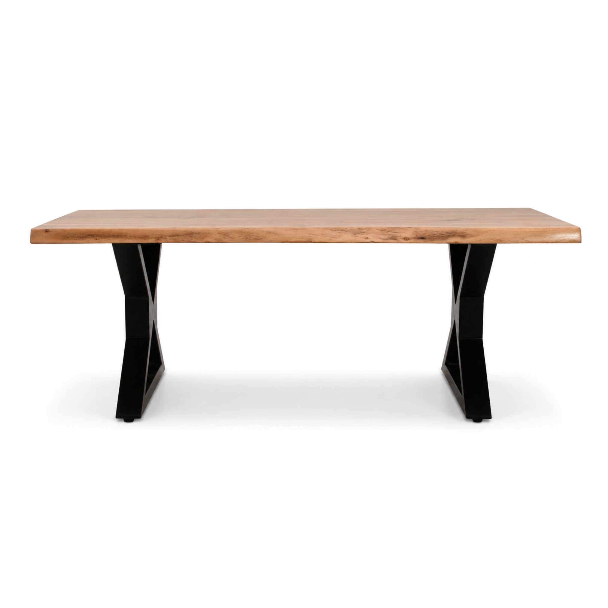 Front view of acacia live edge coffee table with black X-leg metal base and natural wood finish.