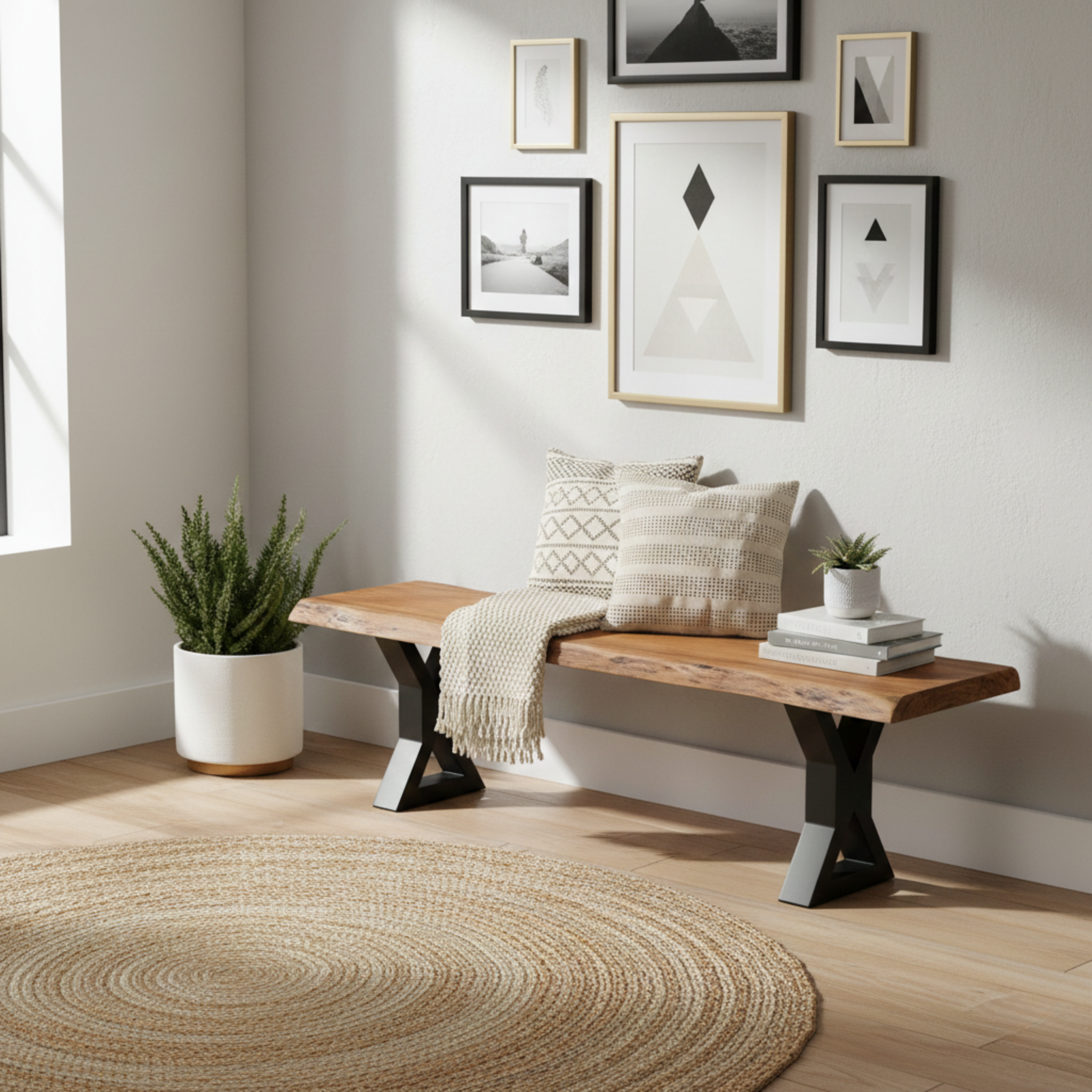 Rustic modern living room setup featuring live edge acacia wood bench with cushions 