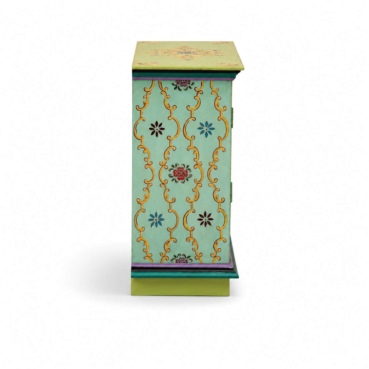 Angled view of Aqua Bloom Cabinet highlighting hand-painted floral artwork, pastel color palette, side detailing, and storage drawers.