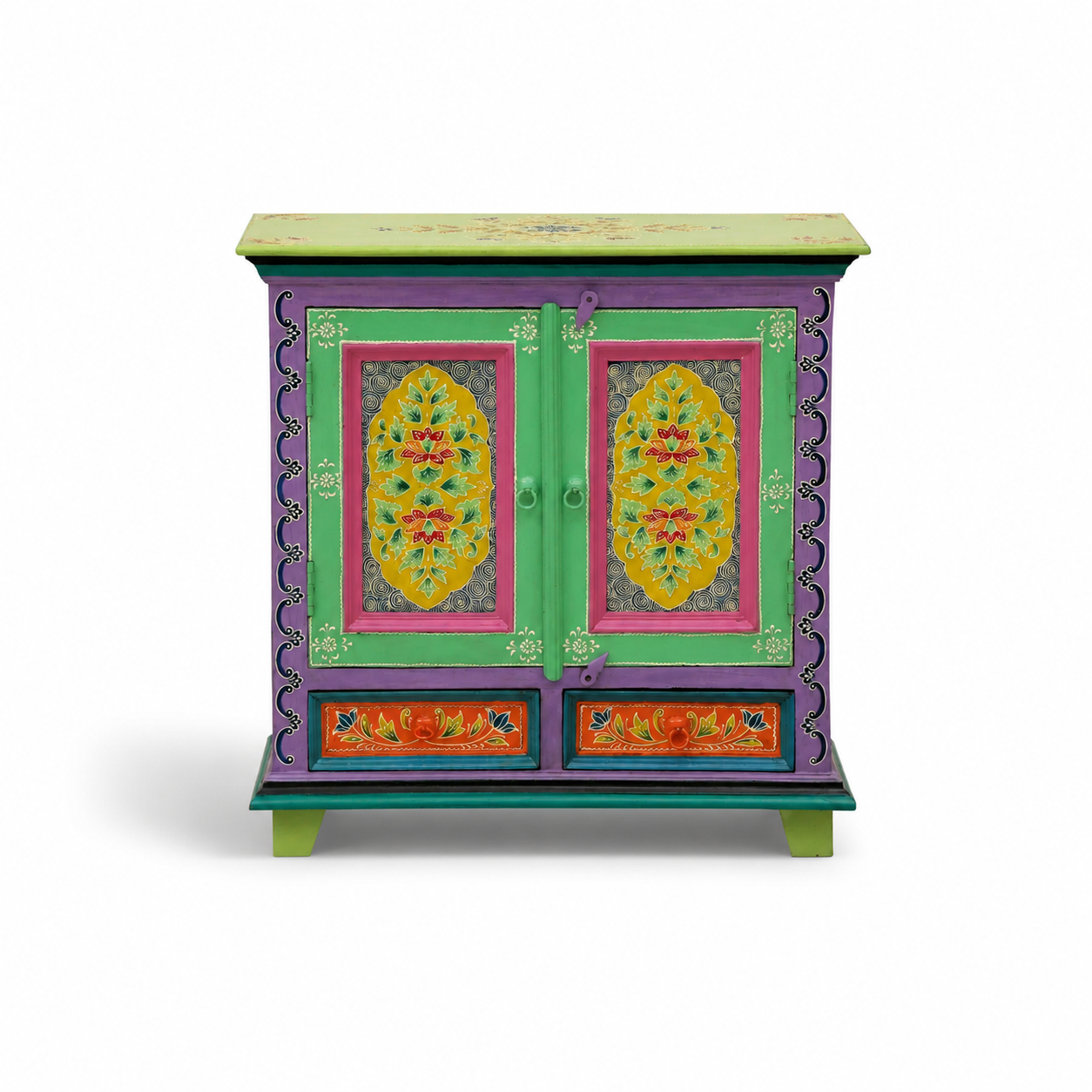 Colorful cabinet with floral designs on a white background