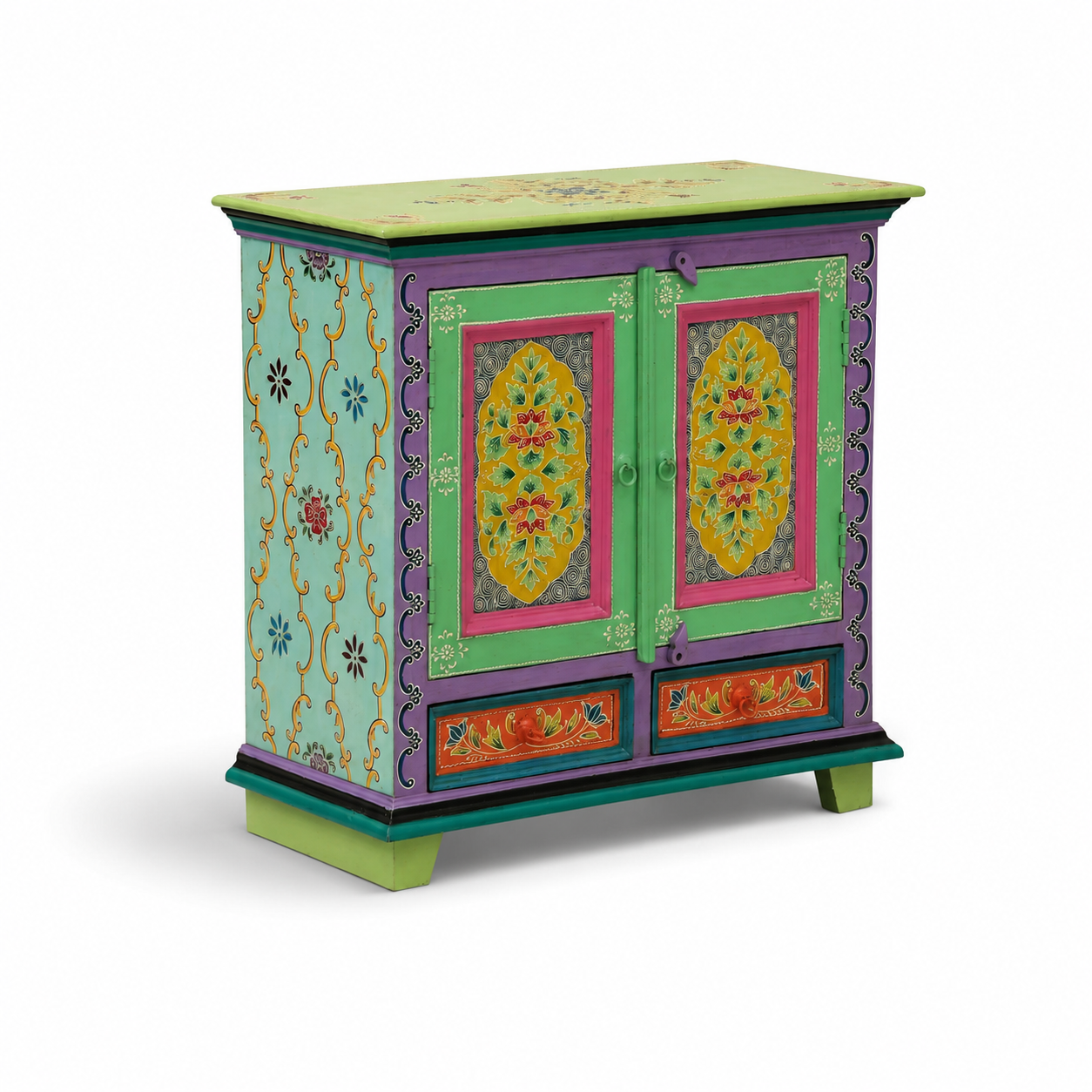 Side view of Aqua Bloom Cabinet displaying intricate floral vine patterns and handcrafted painted details on the side panel.