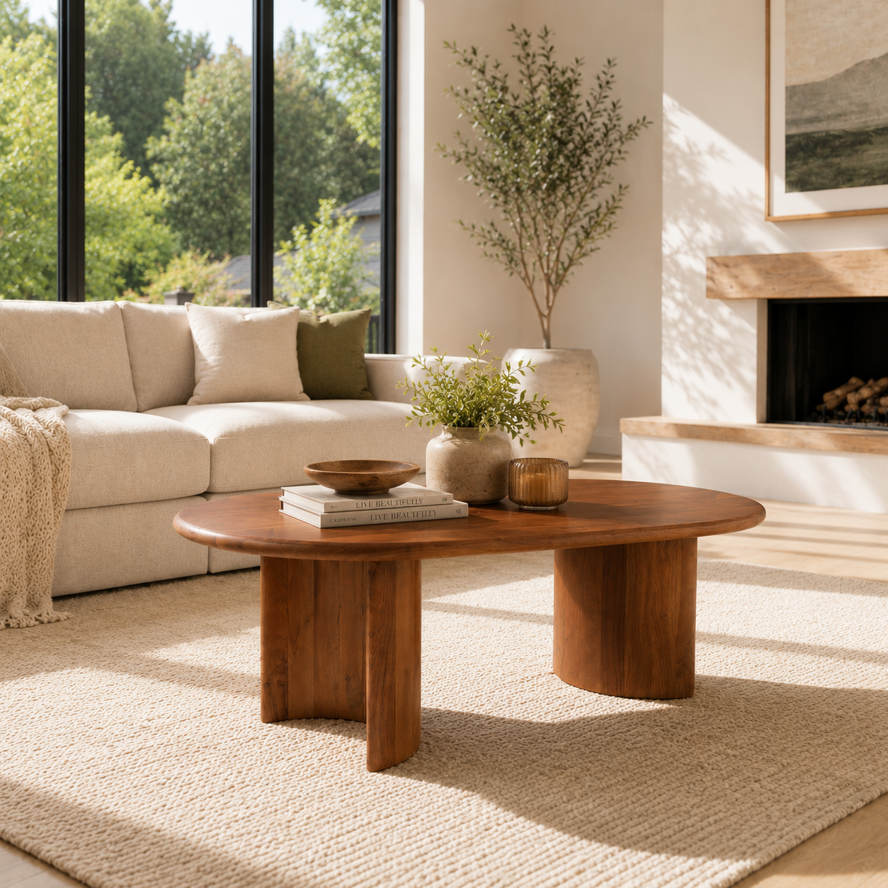 Aurora Handcrafted Oval Coffee Table with Crescent Base in a bright Canadian living room with natural morning sunlight, neutral furnishings, and contemporary décor.