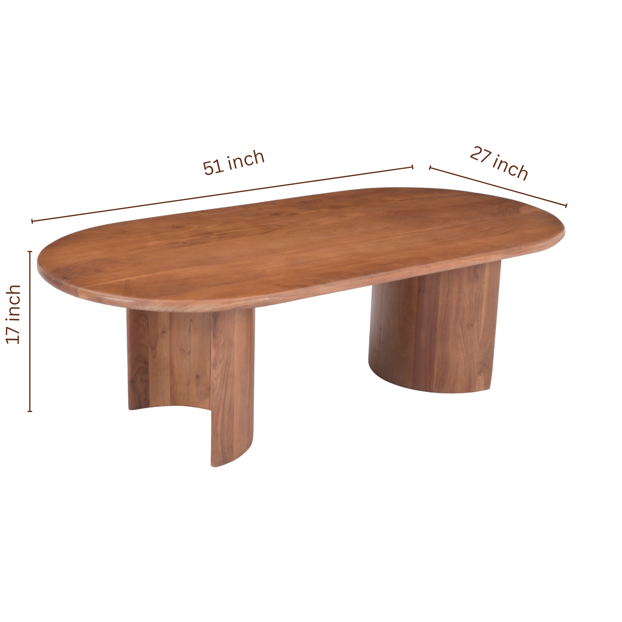 Dimension image of Aurora Oval Coffee Table showing measurements of 51 inch length, 27 inch width, and 17 inch height.