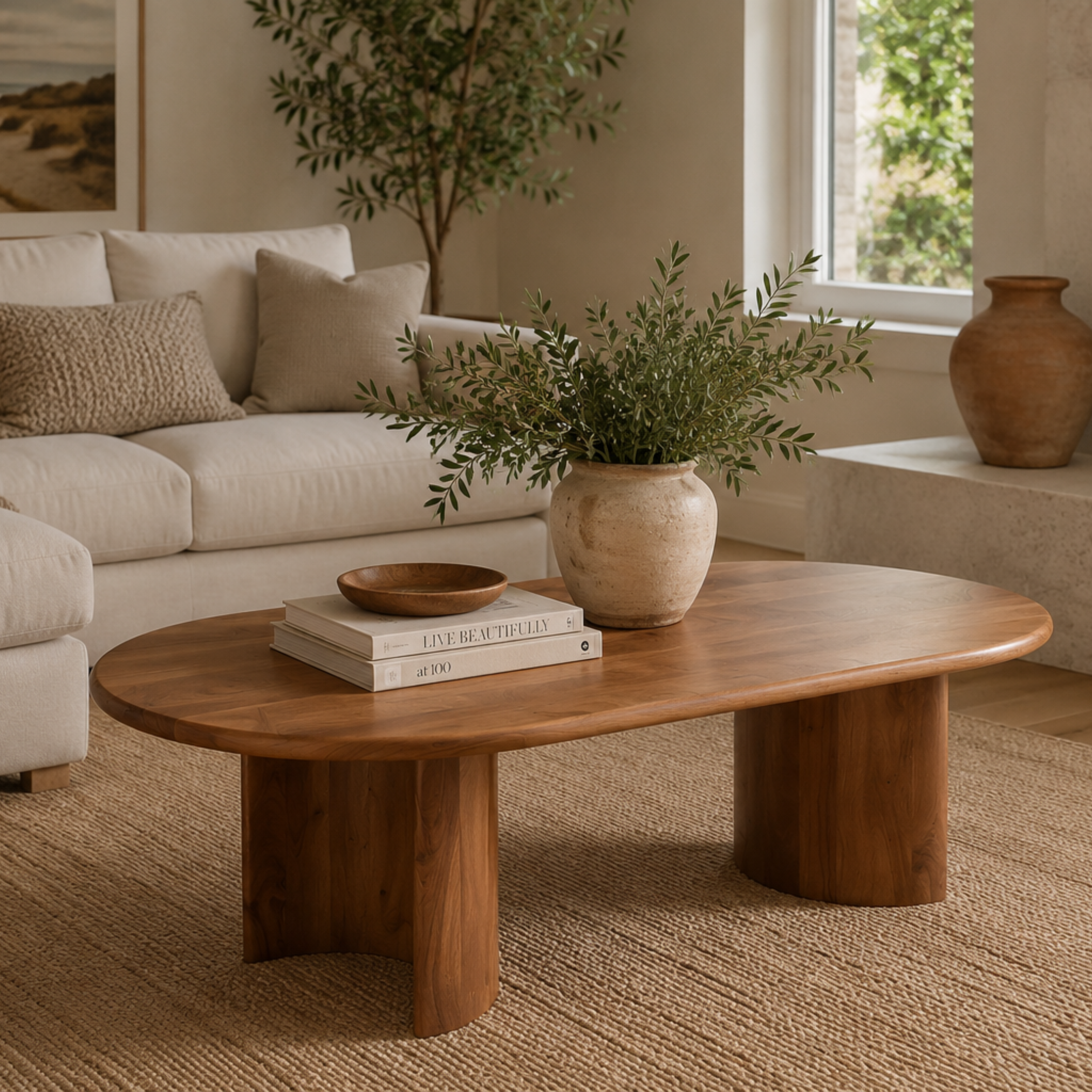 Aurora Oval Coffee Table styled in a warm neutral living room with natural decor and textured furnishings.