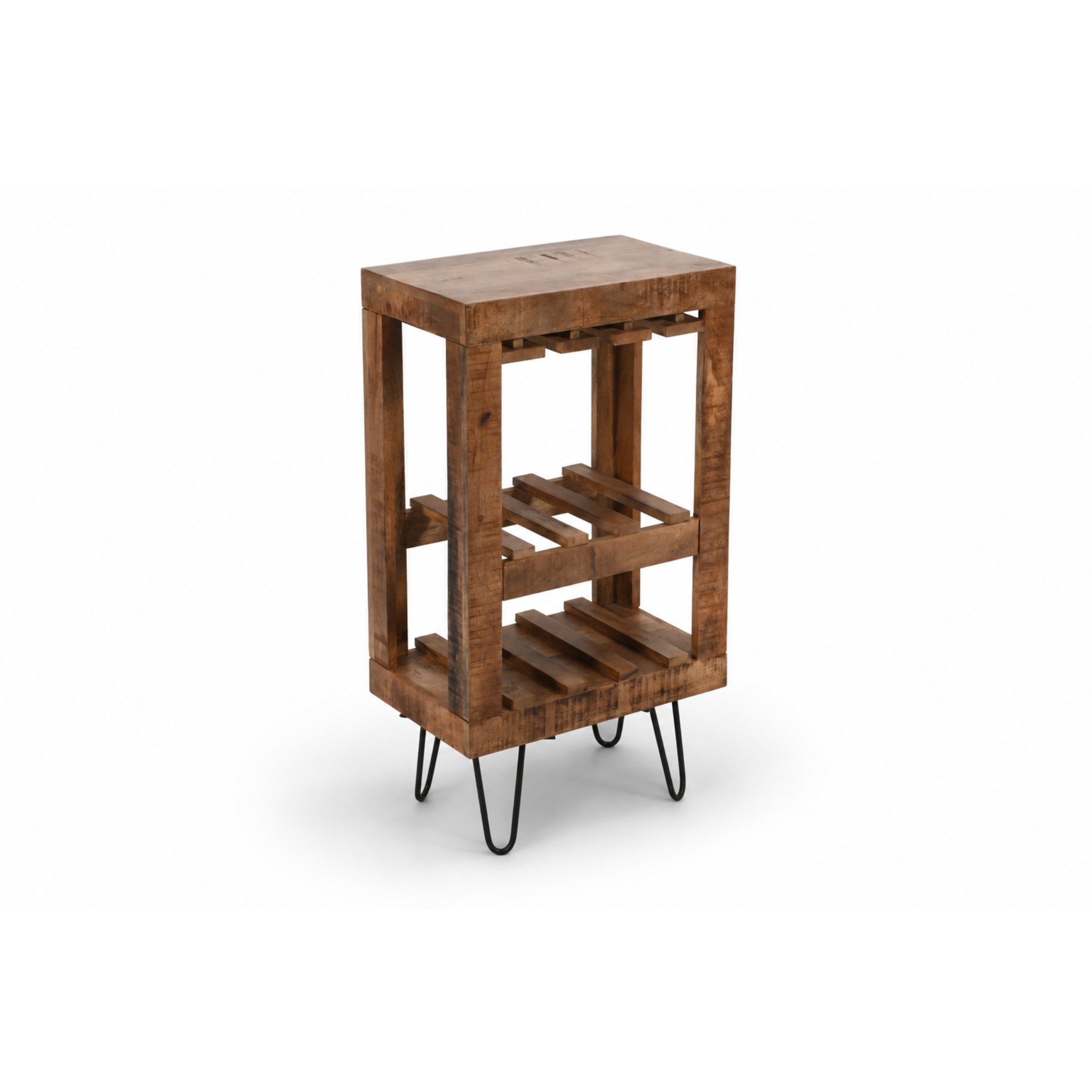 Angled view of handcrafted mango wood bar cabinet with metal legs