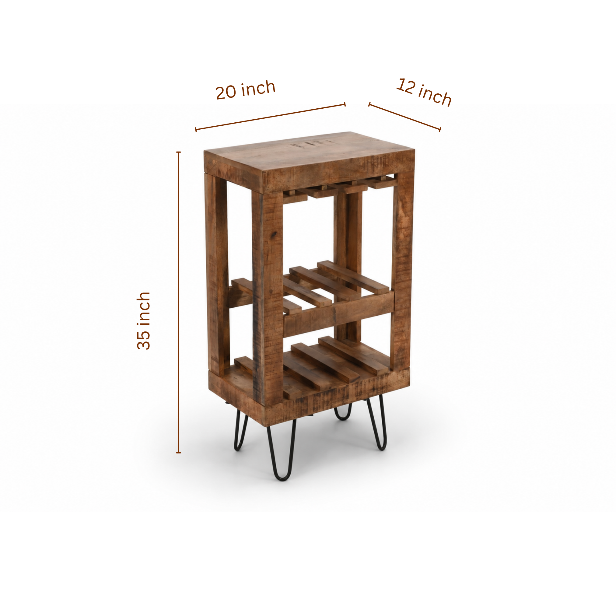 Handcrafted mango wood bar cabinet with metal legs and product dimensions displayed