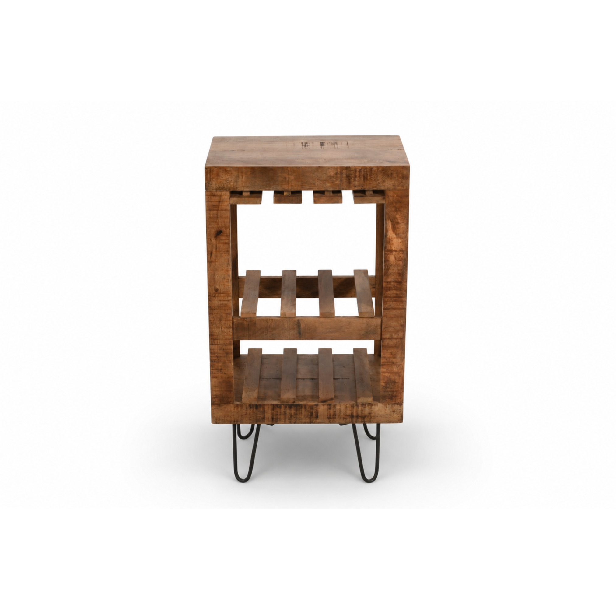 Side view of handcrafted mango wood bar cabinet with storage racks and metal legs