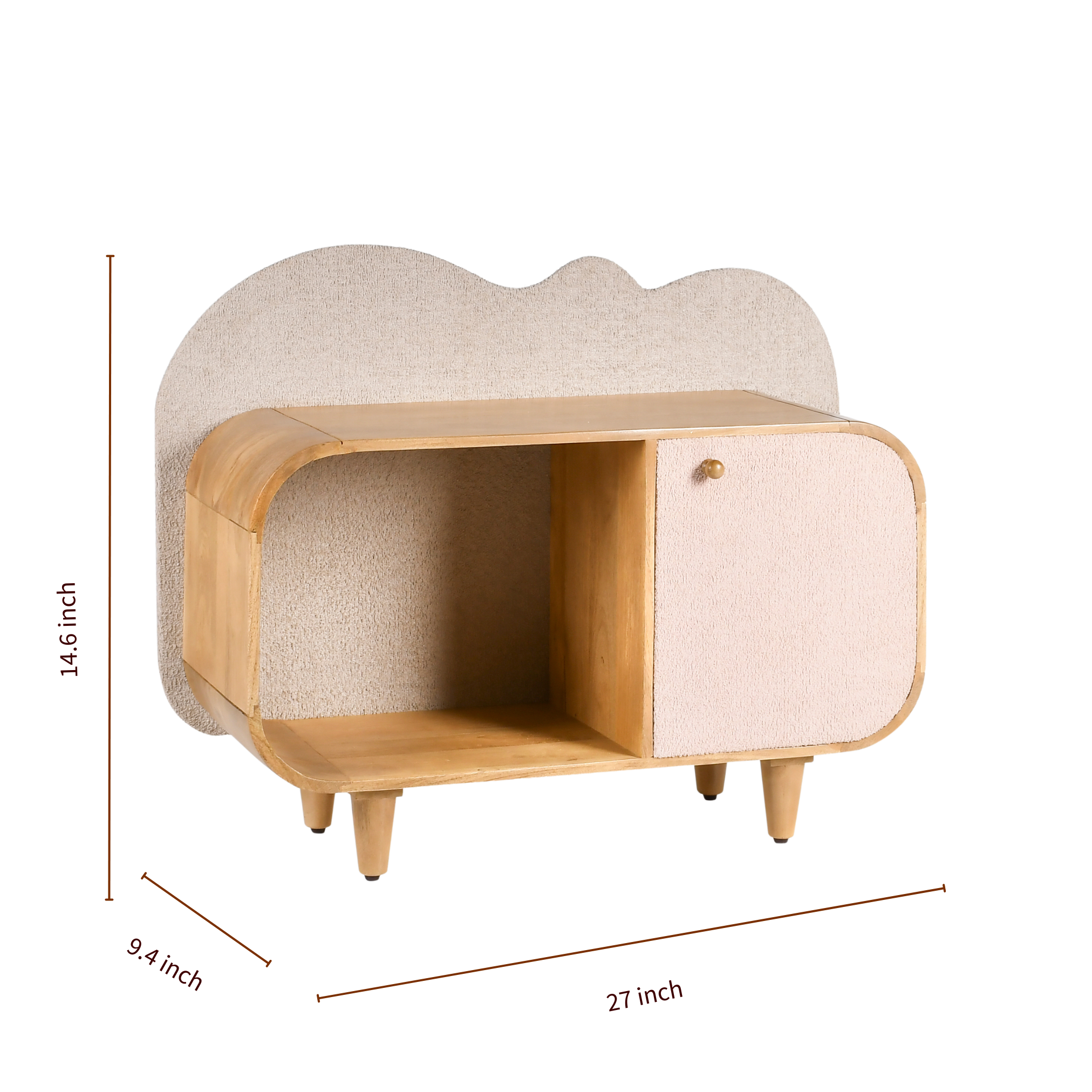Bento wooden kids storage bookshelf dimensions showing 27 inch width, 14.6 inch height, and 9.4 inch depth