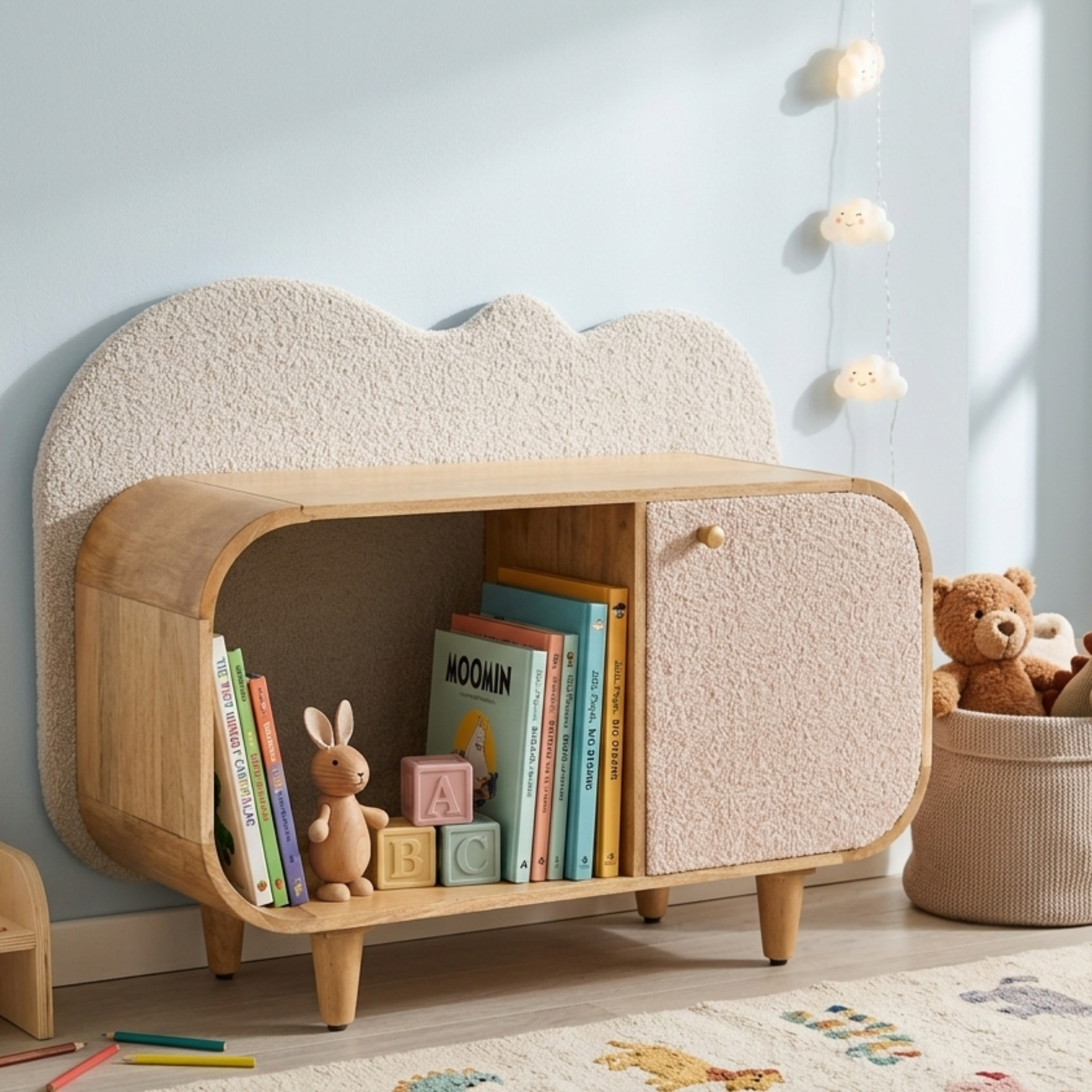 Bento wooden kids storage bookshelf styled with books and toys in a pastel kids room