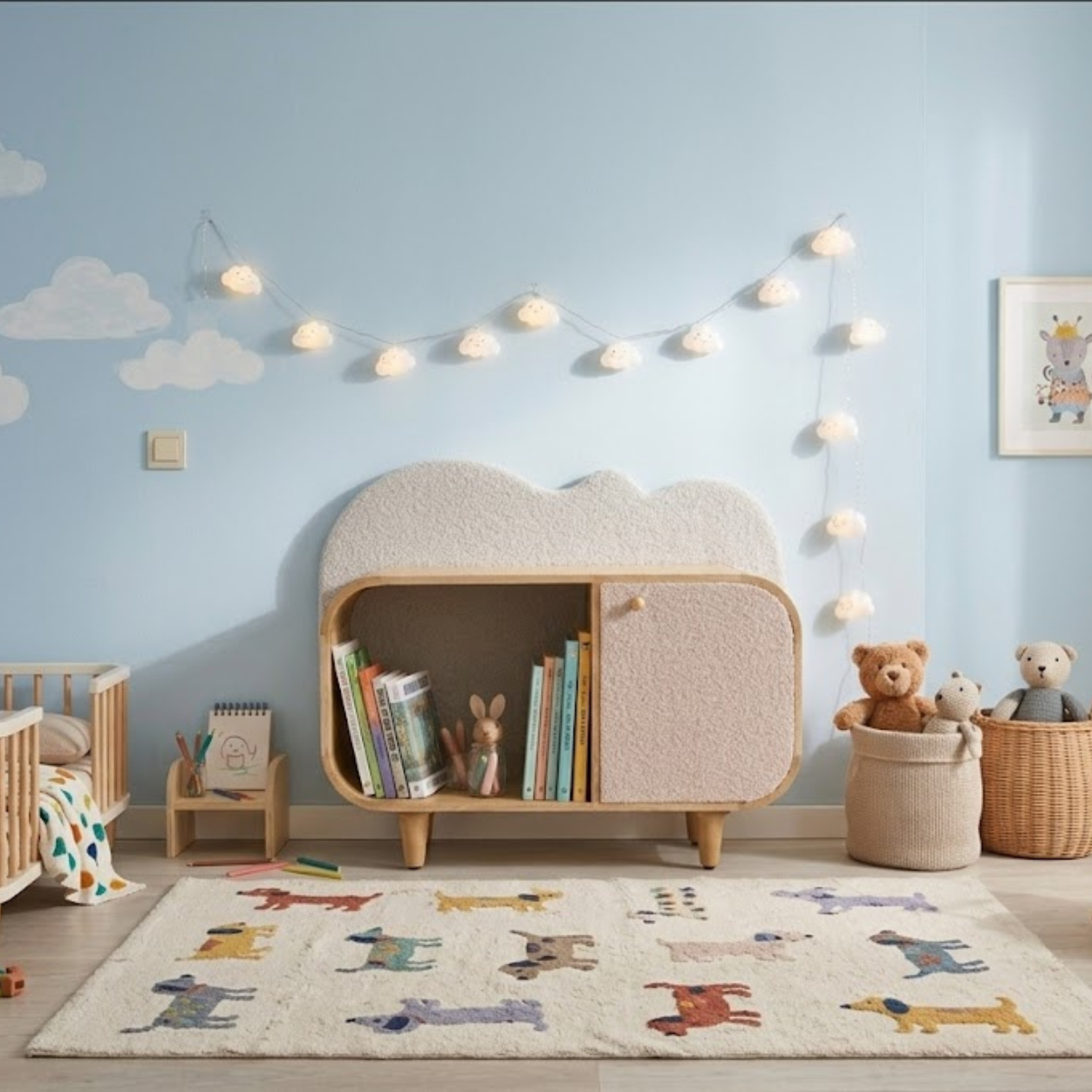 Wide lifestyle view of Bento wooden kids storage bookshelf in a cozy nursery setup