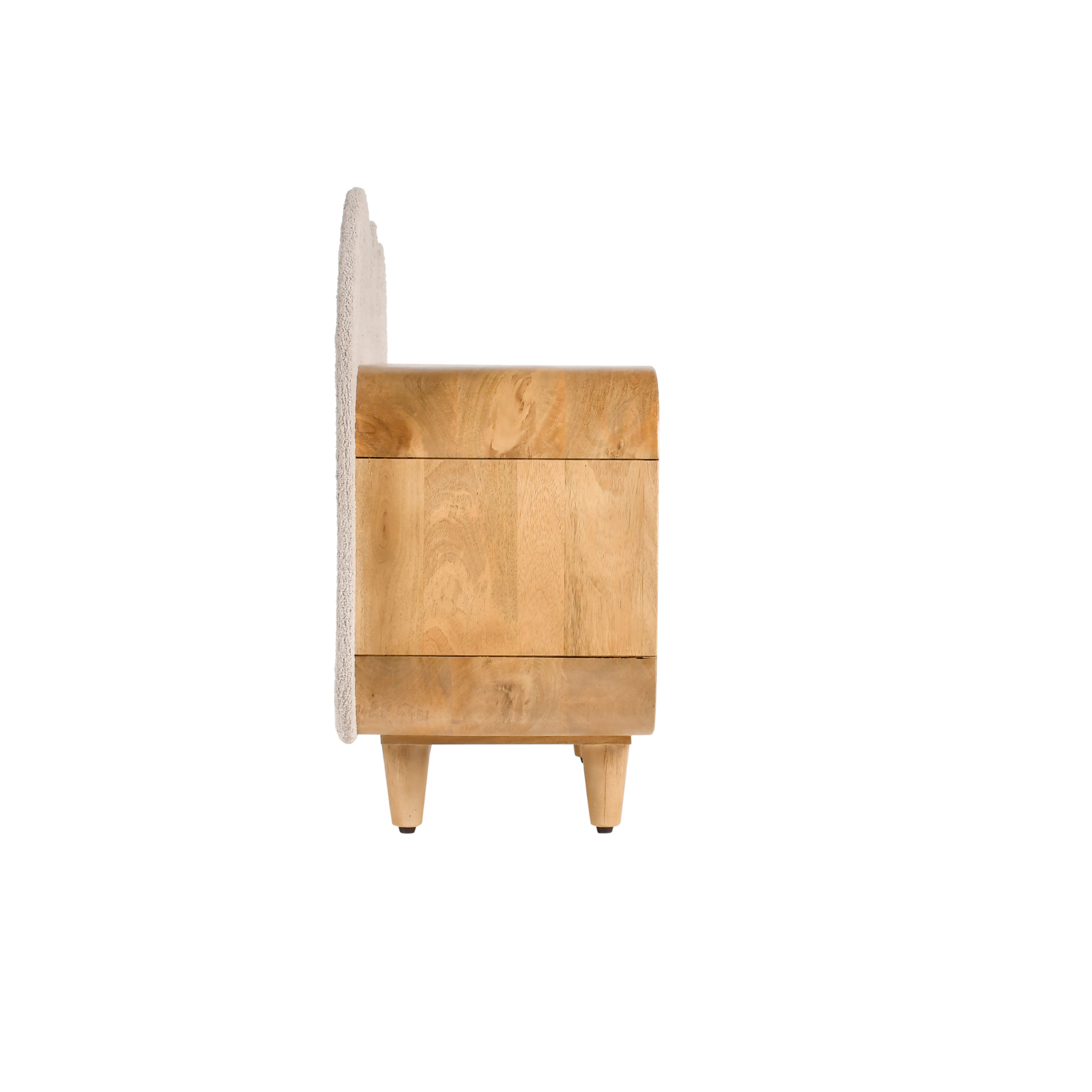 Side profile of Bento wooden kids storage bookshelf with curved wooden frame