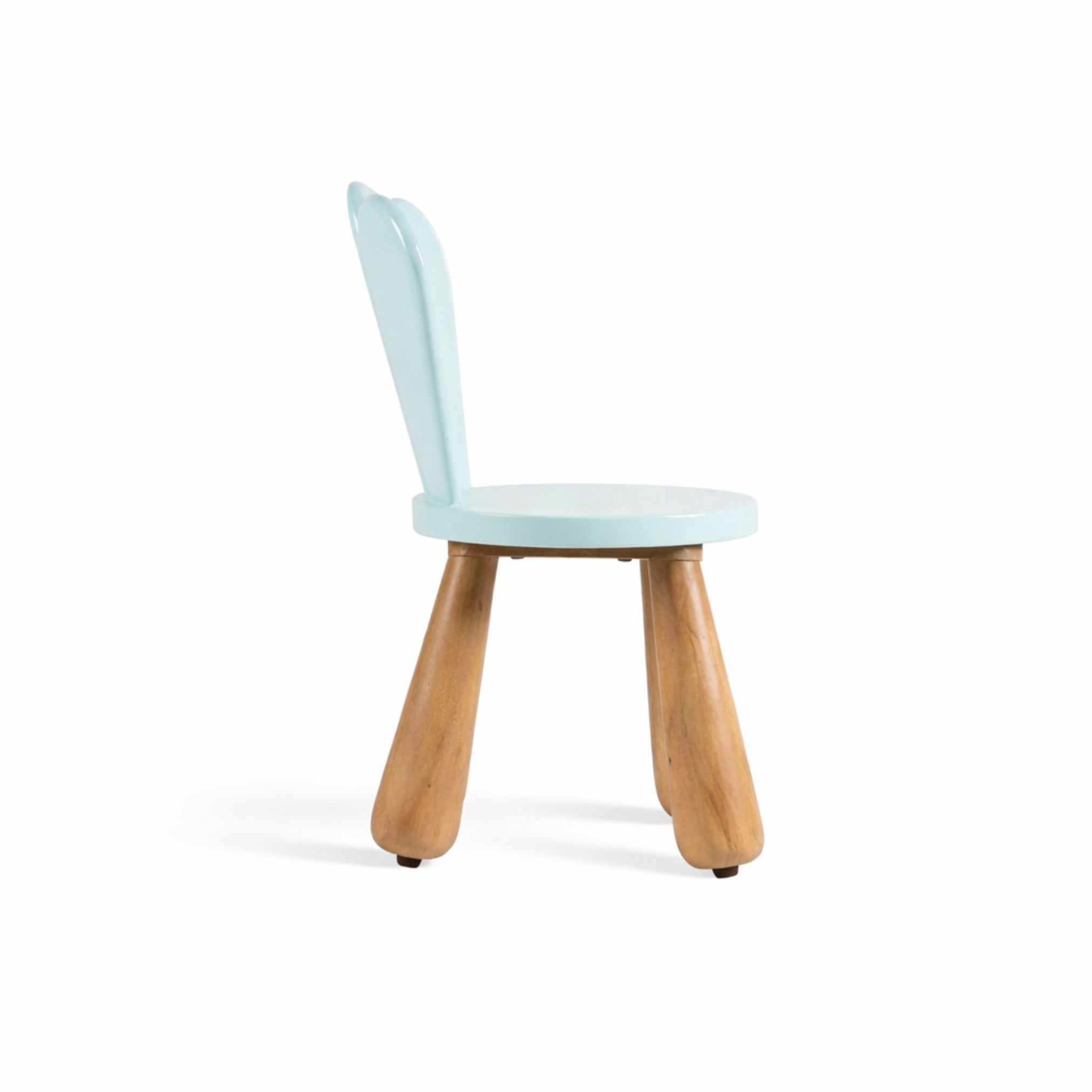 Blue kids chair side view with wooden legs 