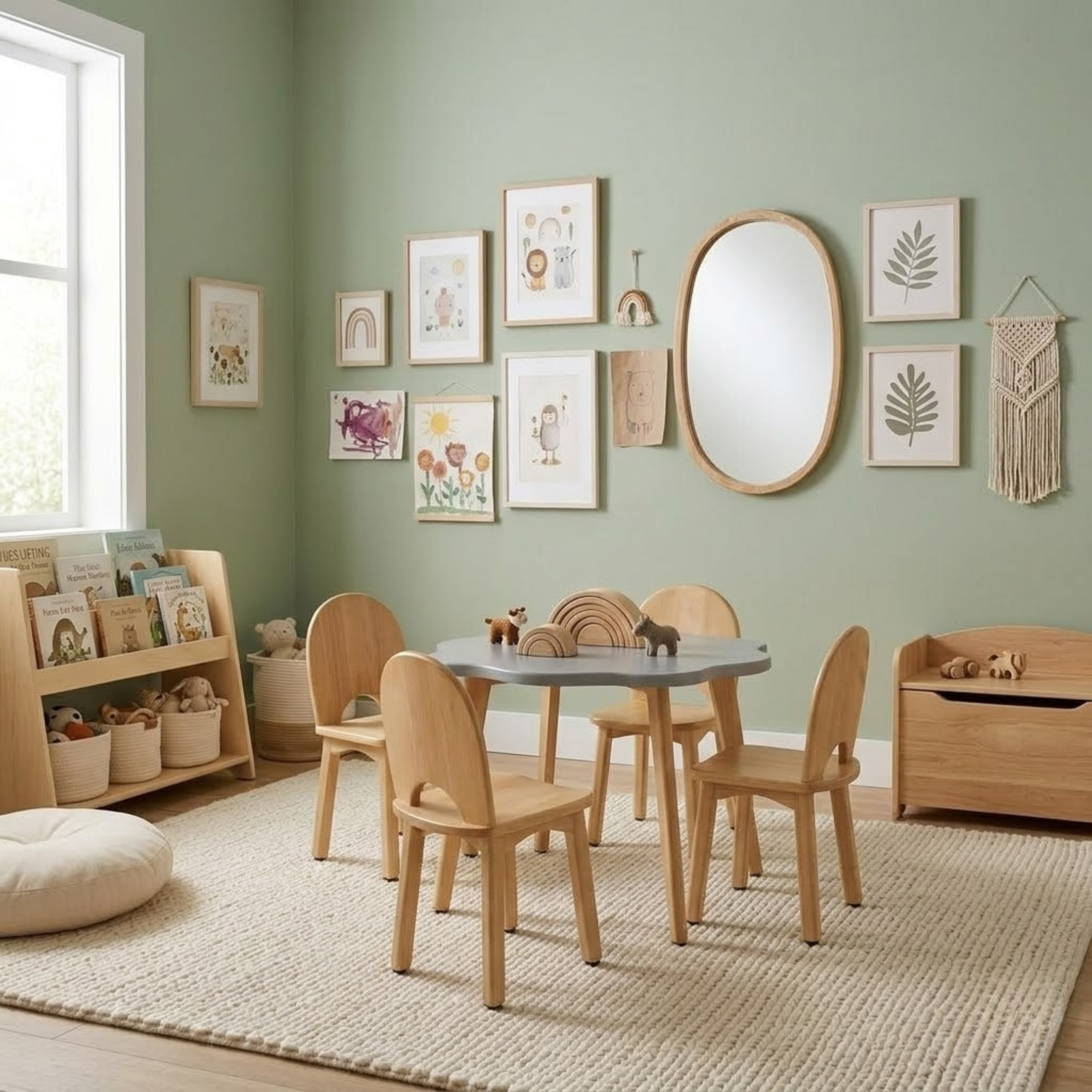 Blume grey kids table with natural chairs in a stylish and cozy kids learning space