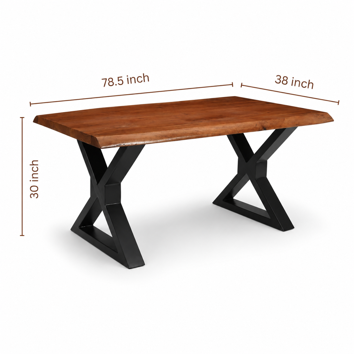 Live Edge Acacia Dining table |  X Metal Legs | Natural Brown Color