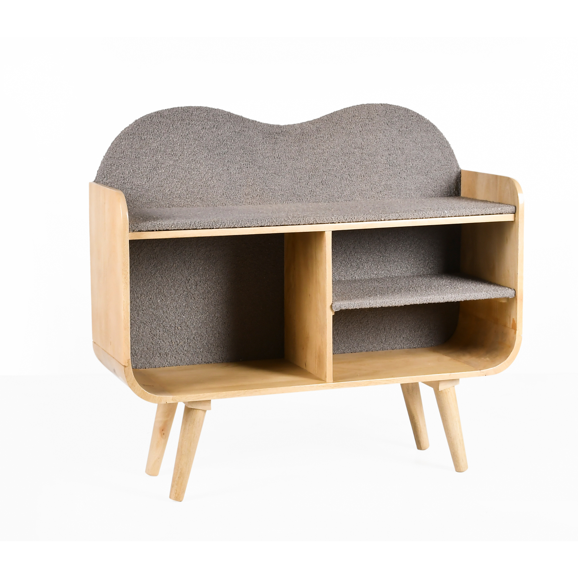 Side perspective view of Caddy Wooden Kids Storage Bookshelf with wooden legs and grey fabric finish