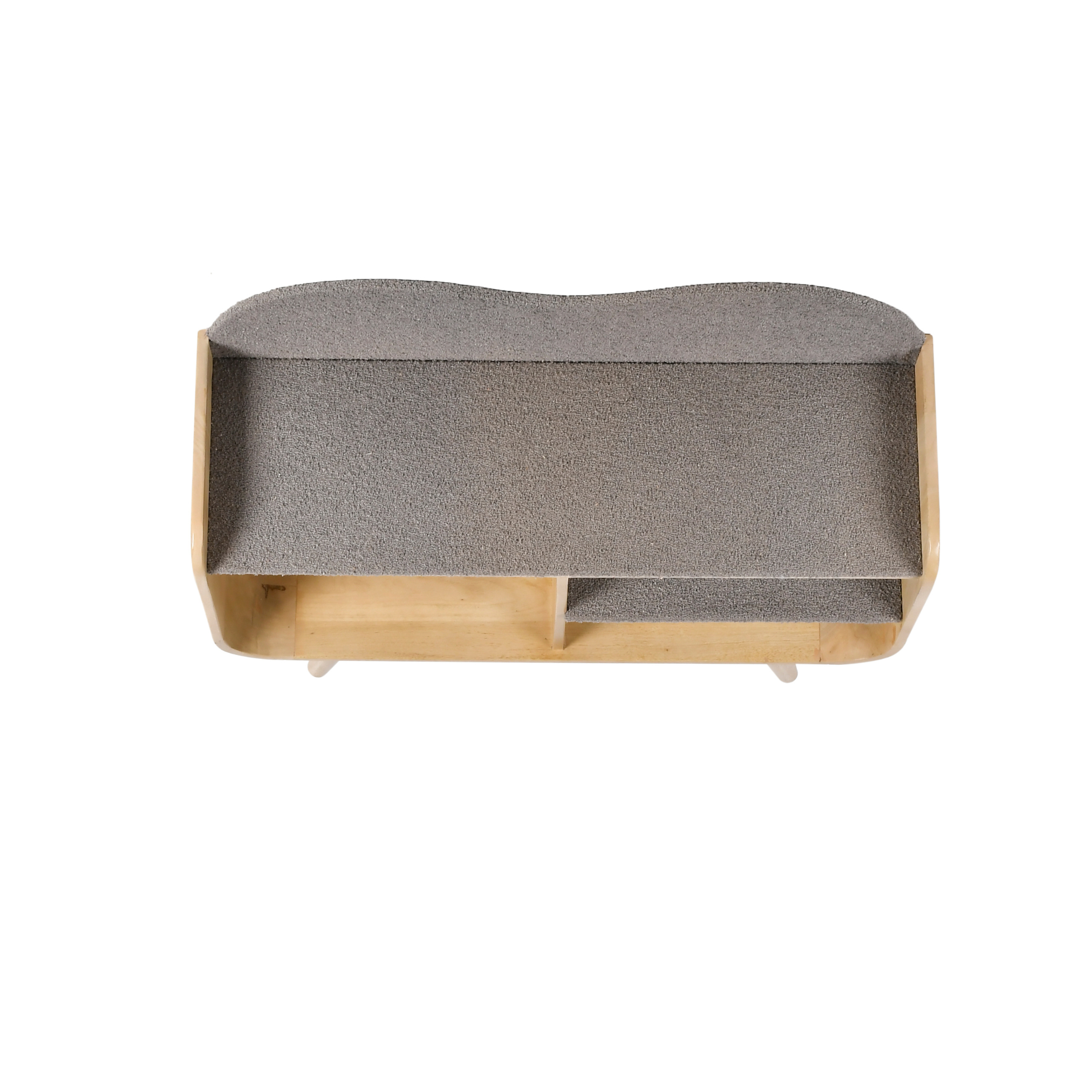 Top angle view of Caddy Wooden Kids Storage Bookshelf in grey upholstered finish