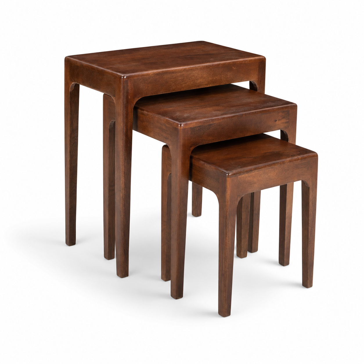 Three nested square wooden nesting tables in a warm medium brown finish, photographed on a clean white background.
